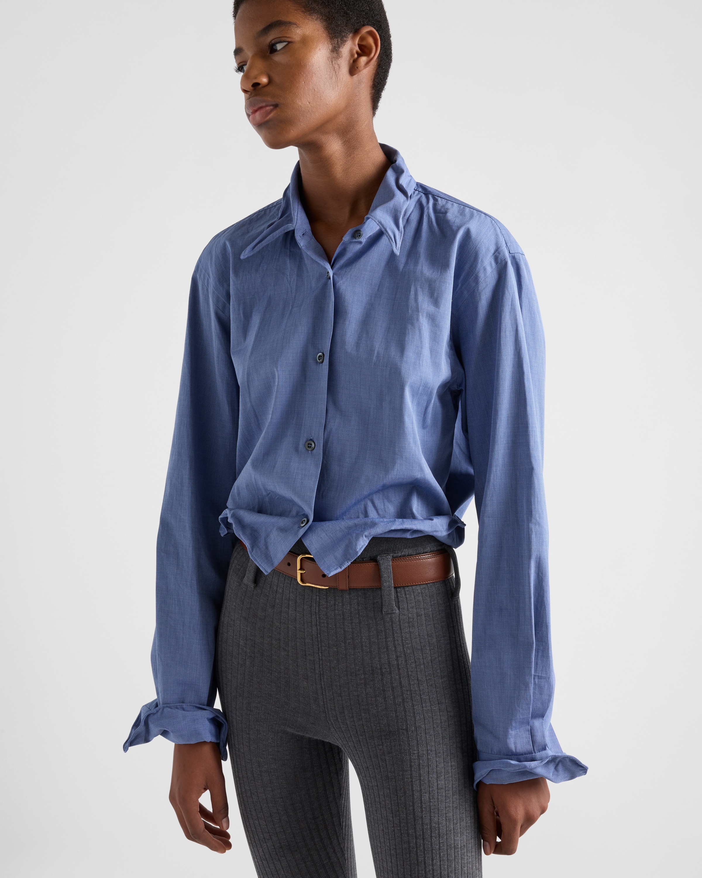 Prada Collared Neck Long Sleeve Textured Fabric Top In Baltic Blue