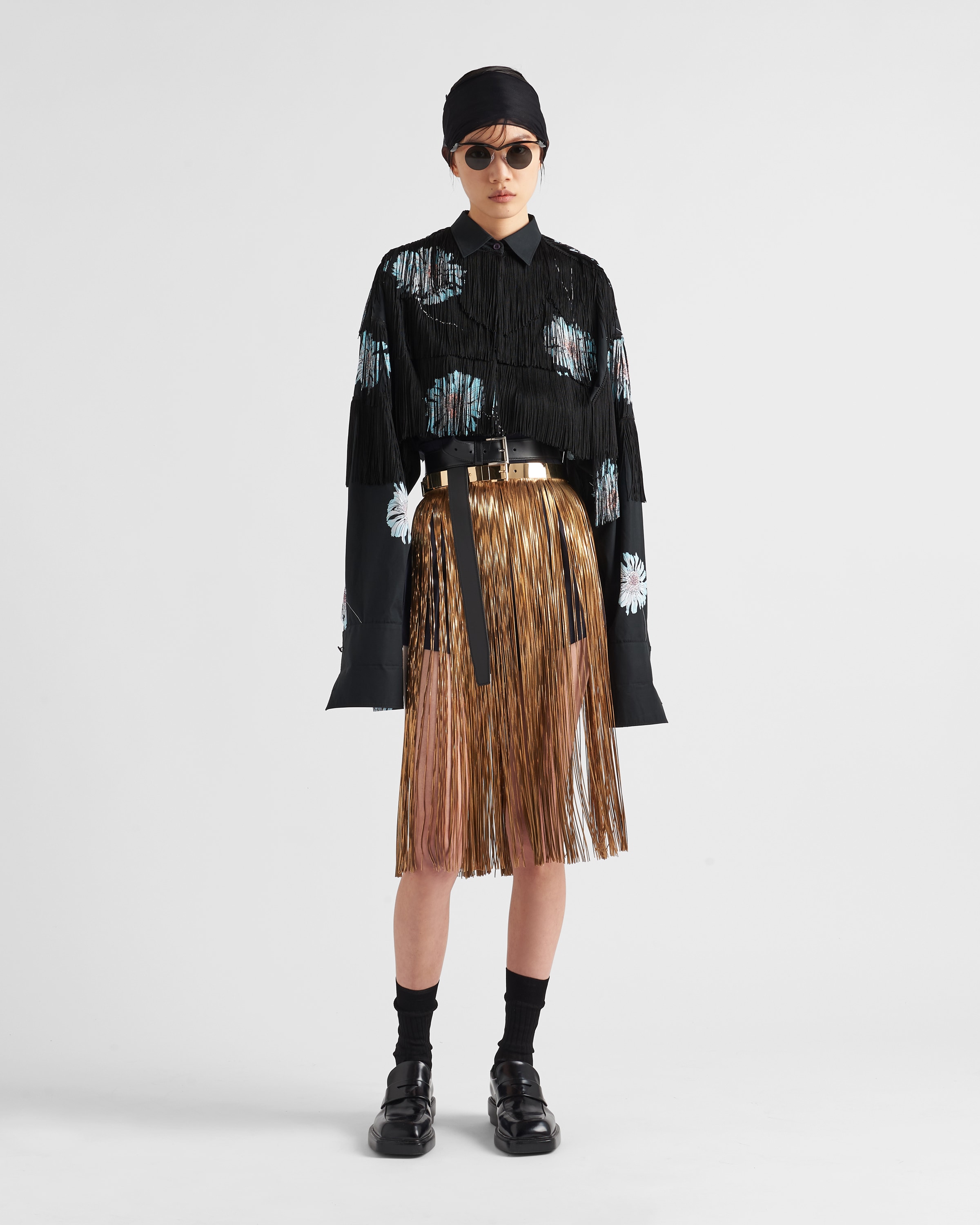 Shop Prada Printed Poplin Shirt With Fringe In Astro