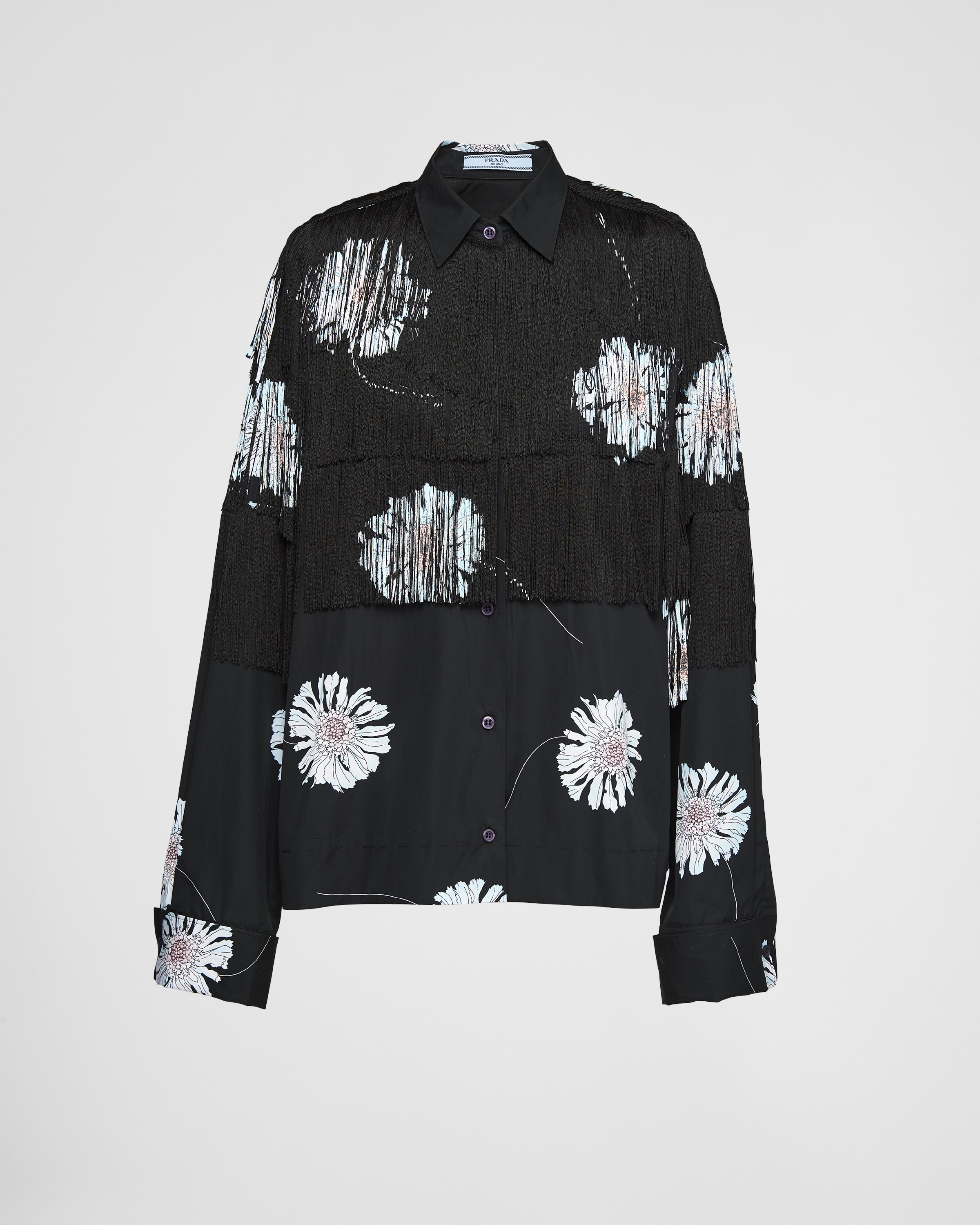 Prada Floral-print Fringed Cotton Shirt In Astro