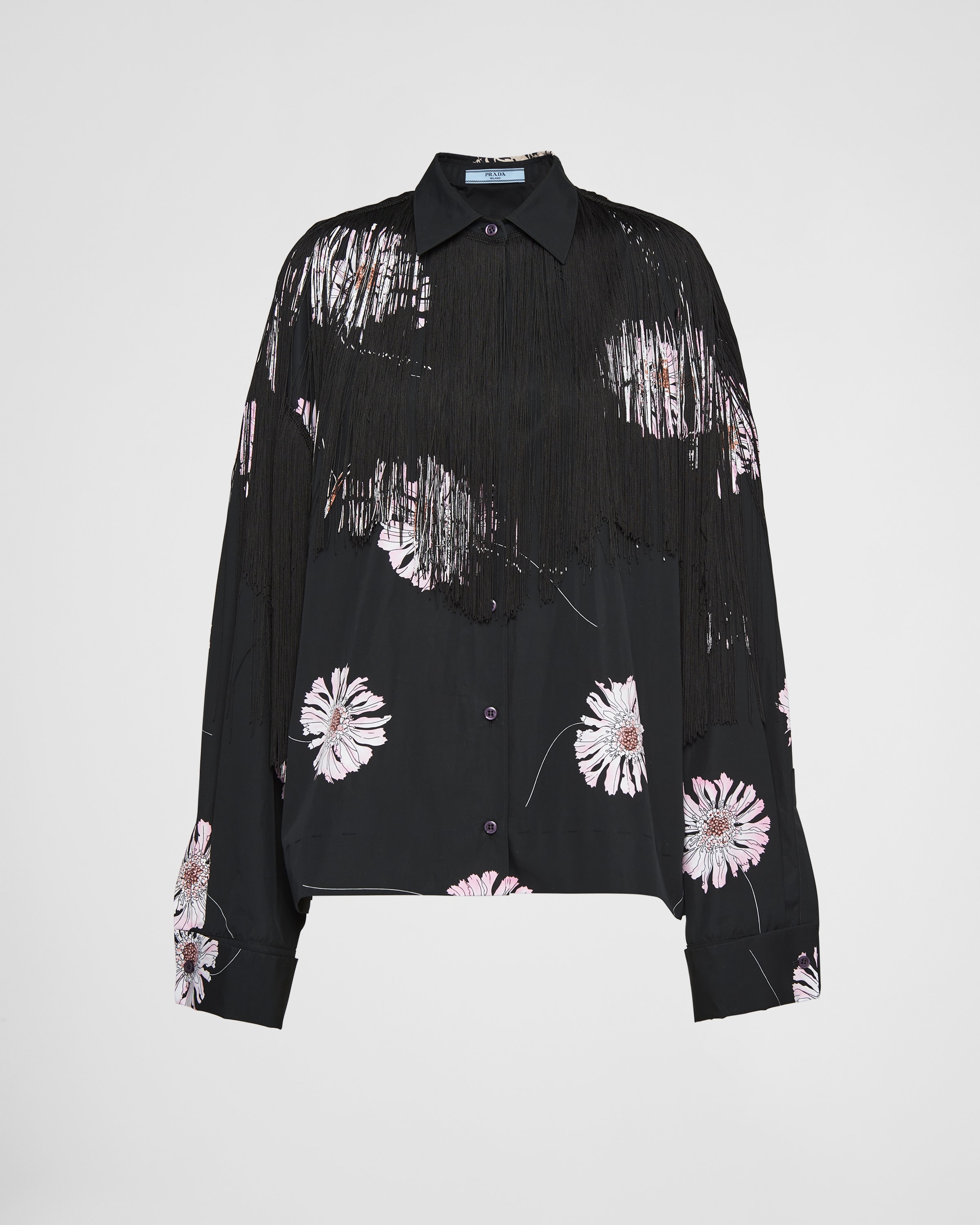 Shop Prada Printed Poplin Shirt With Fringe In Pink