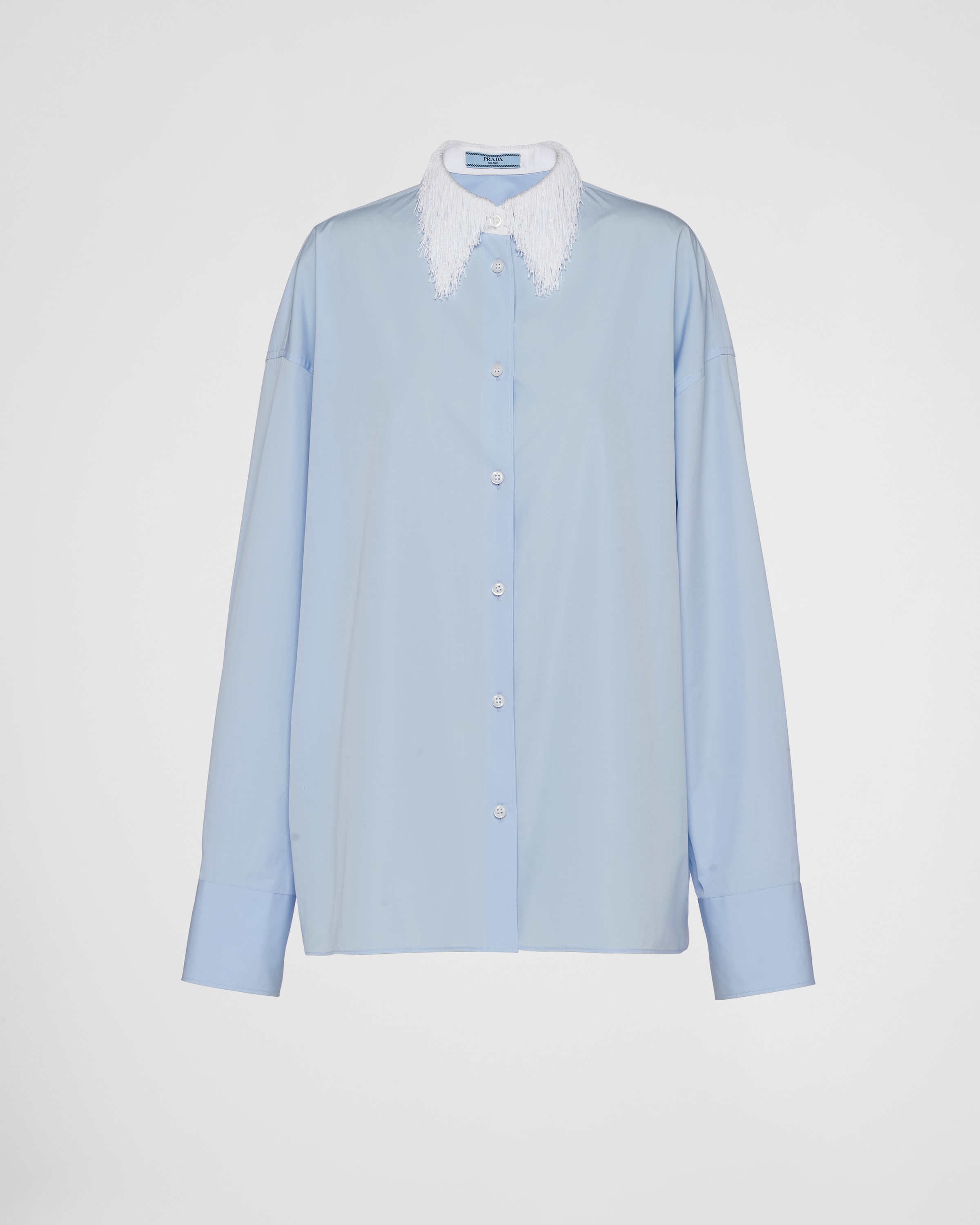 Shop Prada Poplin Shirt With Fringed Collar In Light Blue