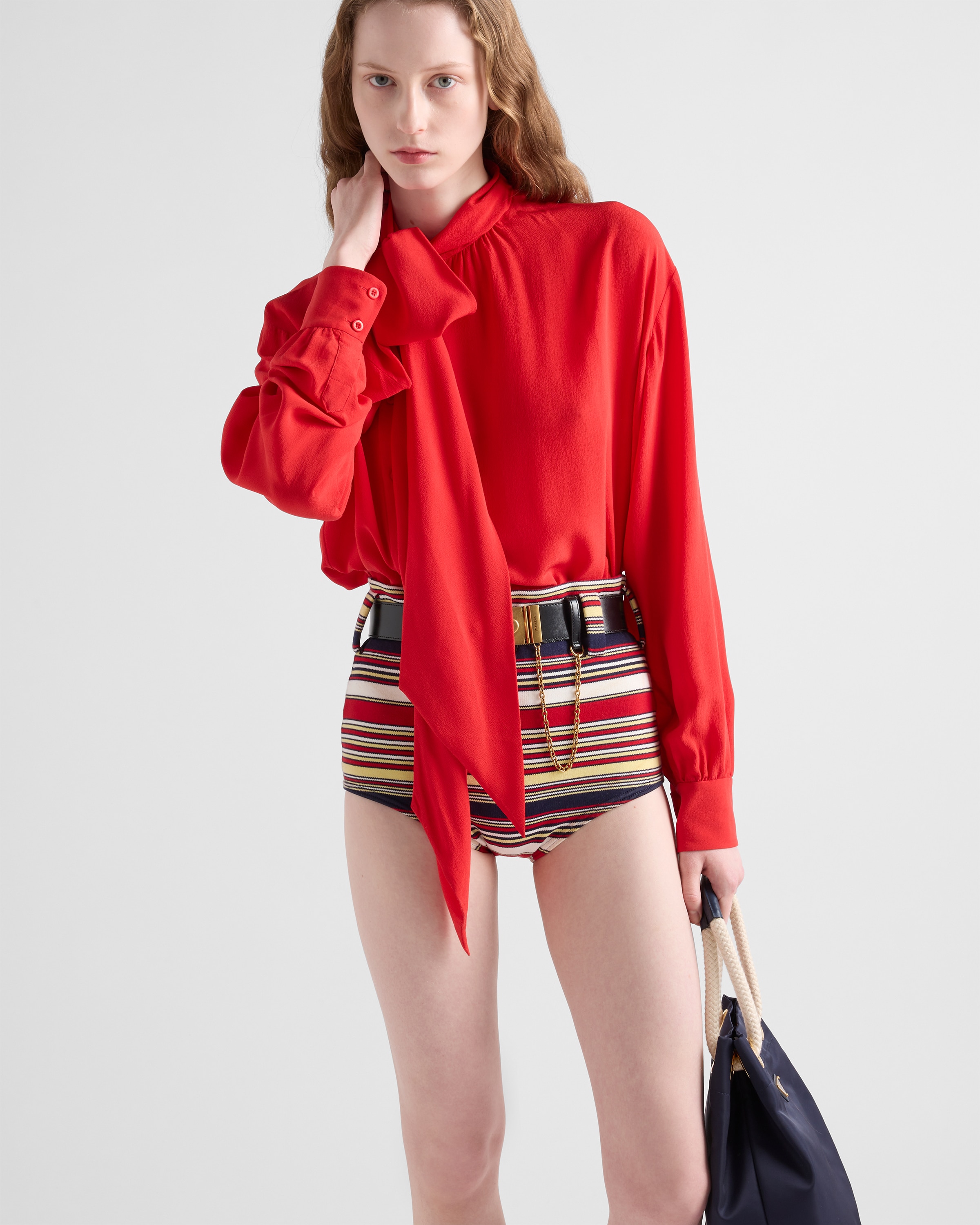 Prada Marocaine Offset Button Silk Top With Scarf In Red