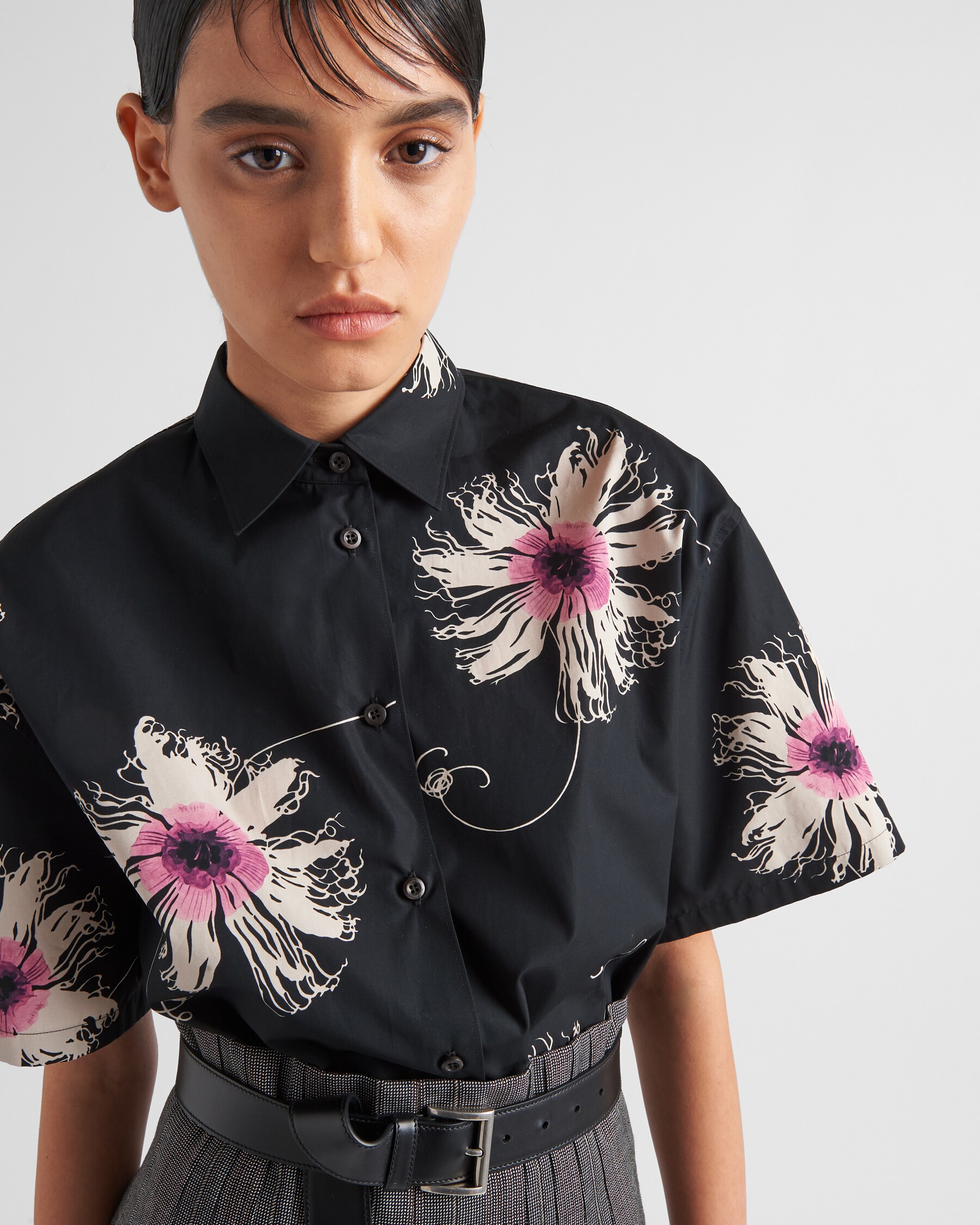 Lilac Short-sleeved Printed Poplin Shirt | PRADA