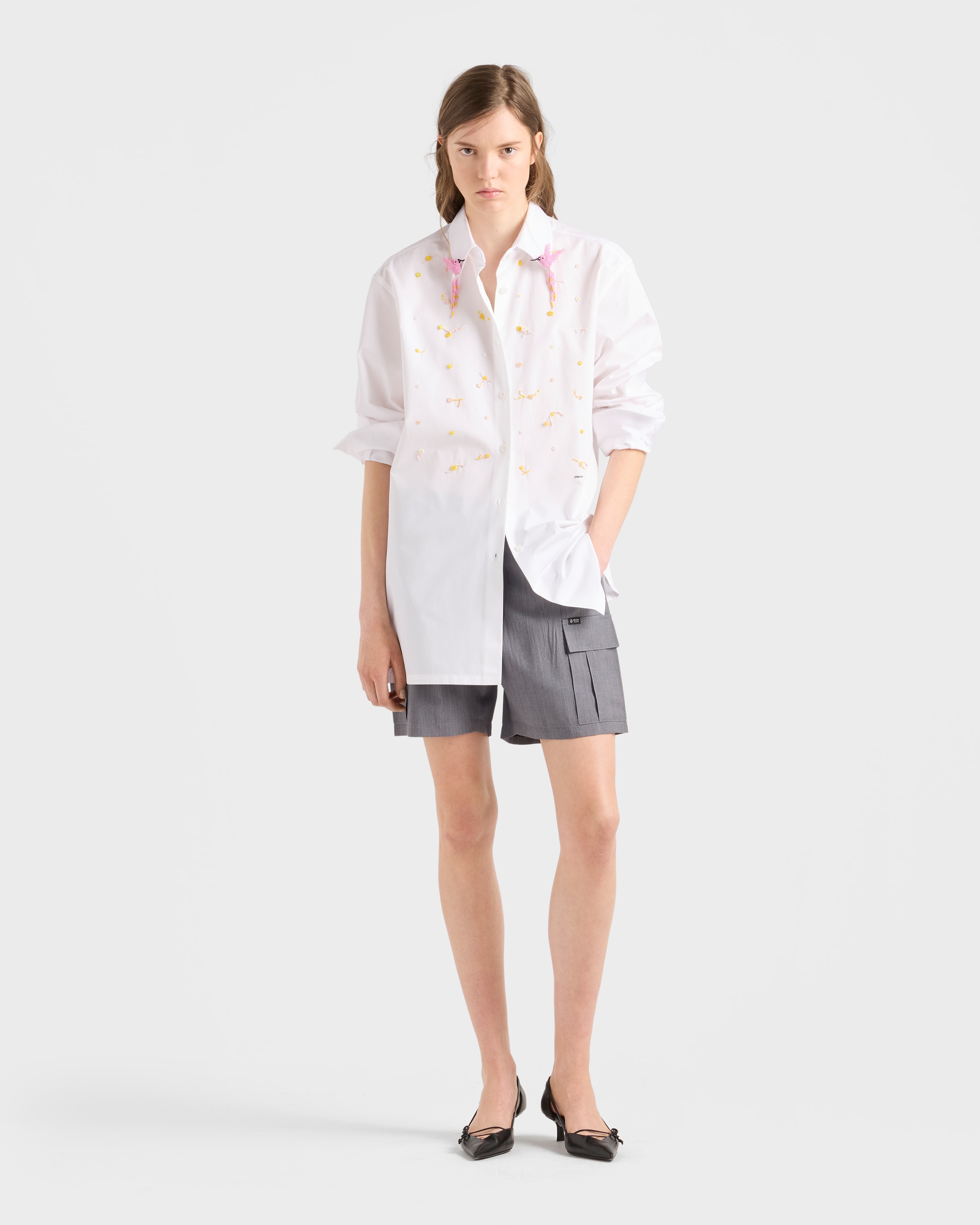 White Embroidered Poplin Shirt | PRADA - United States