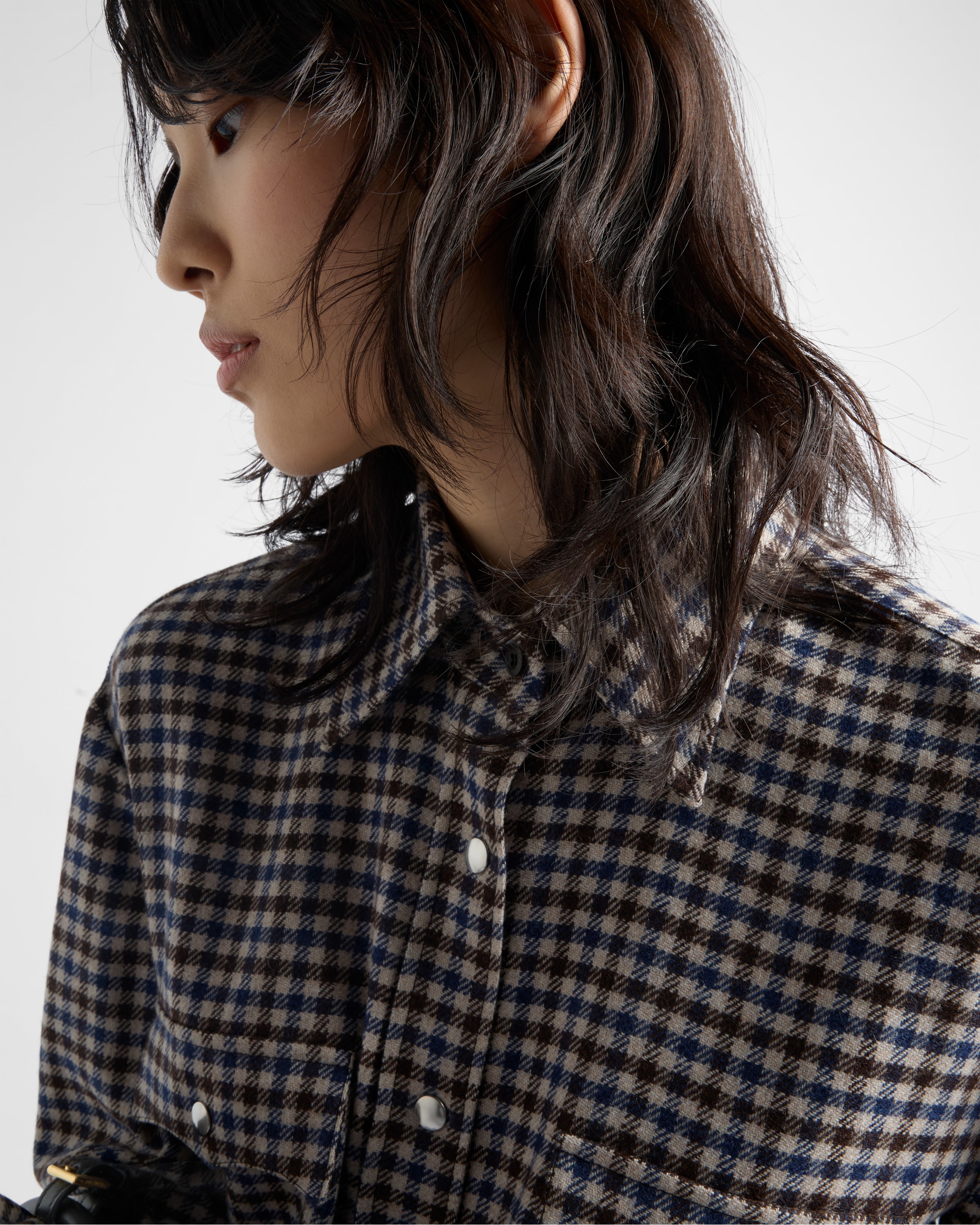 Prada Plaid Button Down Wool Top In Ebony