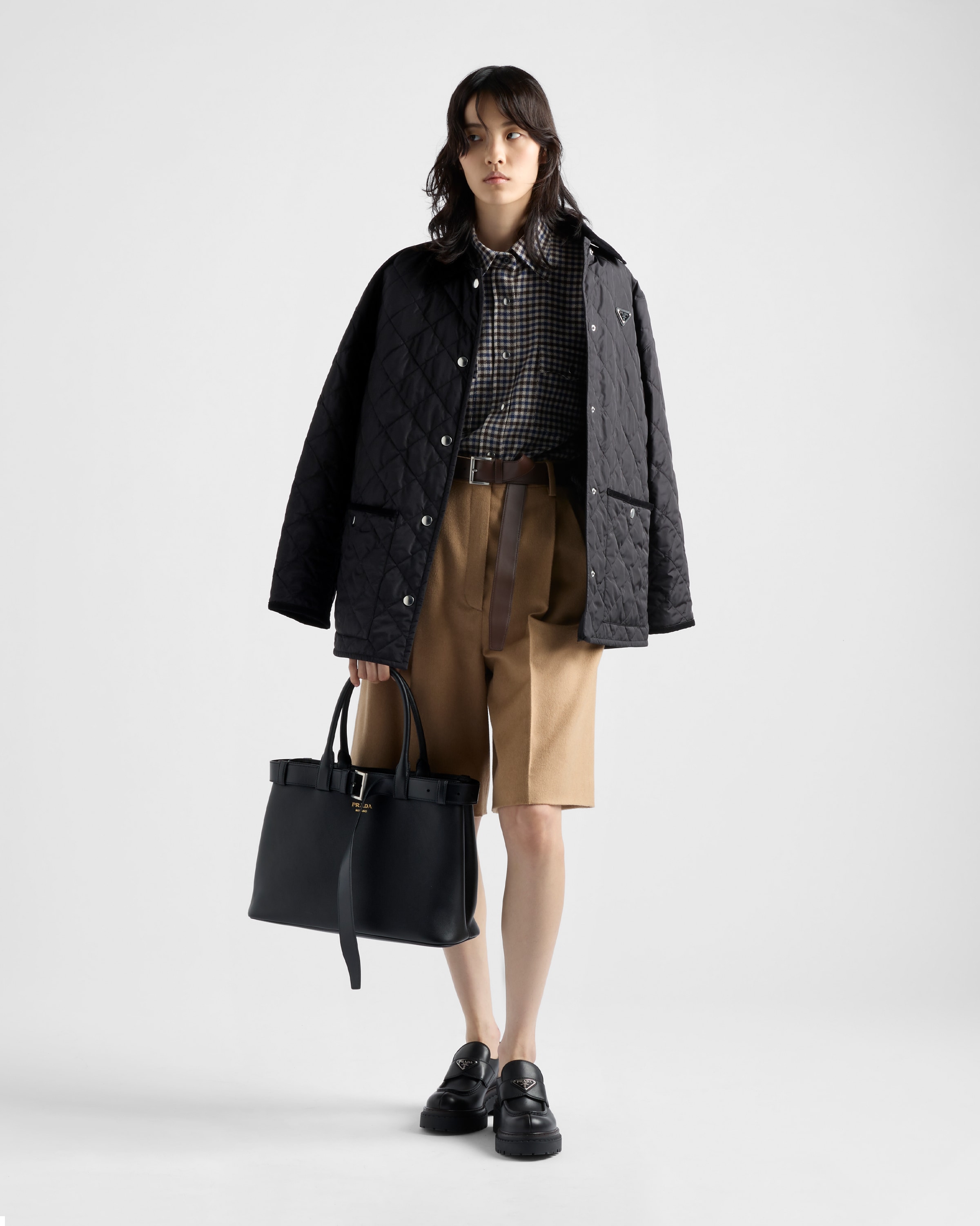 Prada Plaid Button Down Wool Top In Ebony