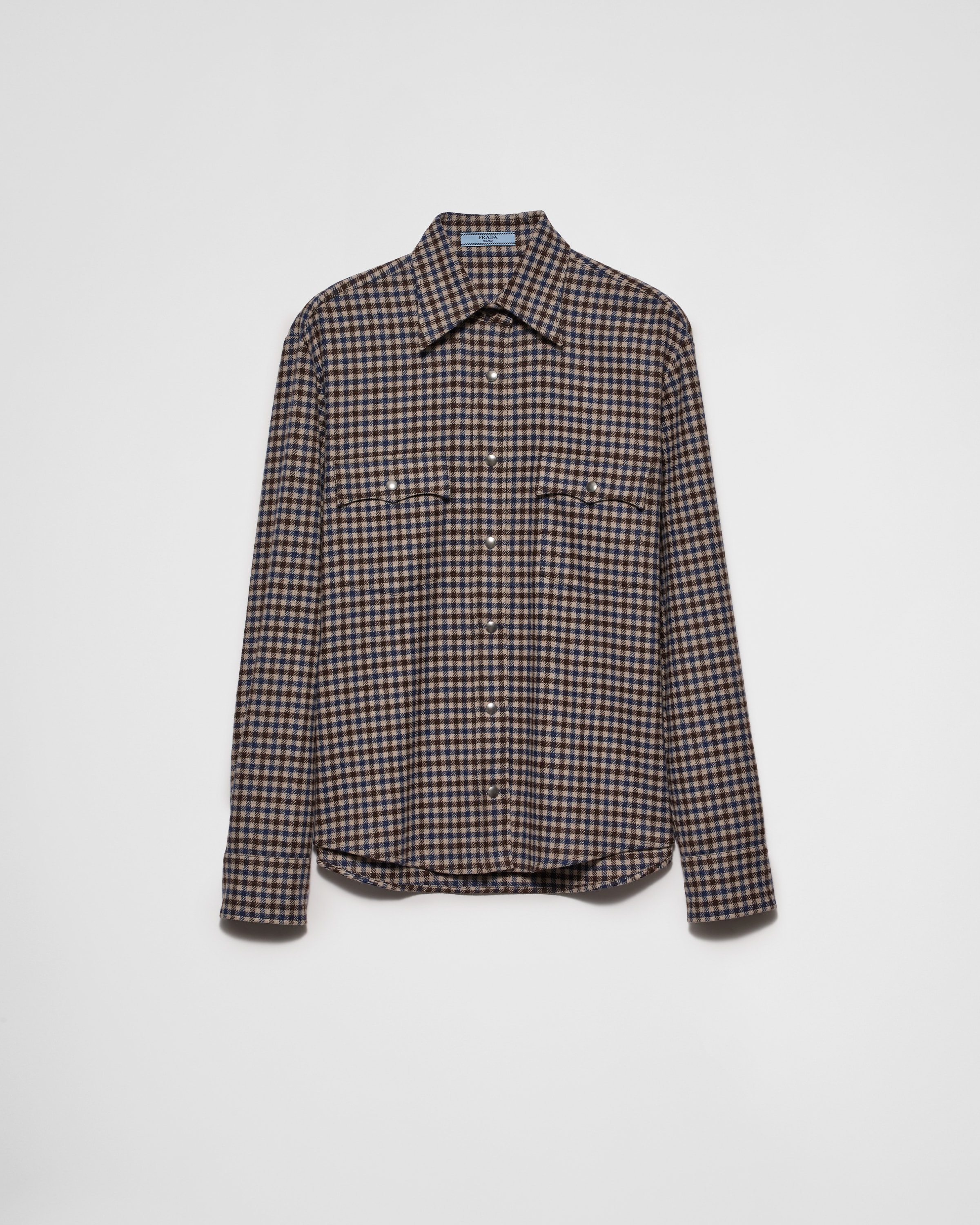 Prada Plaid Button Down Wool Top In Ebony