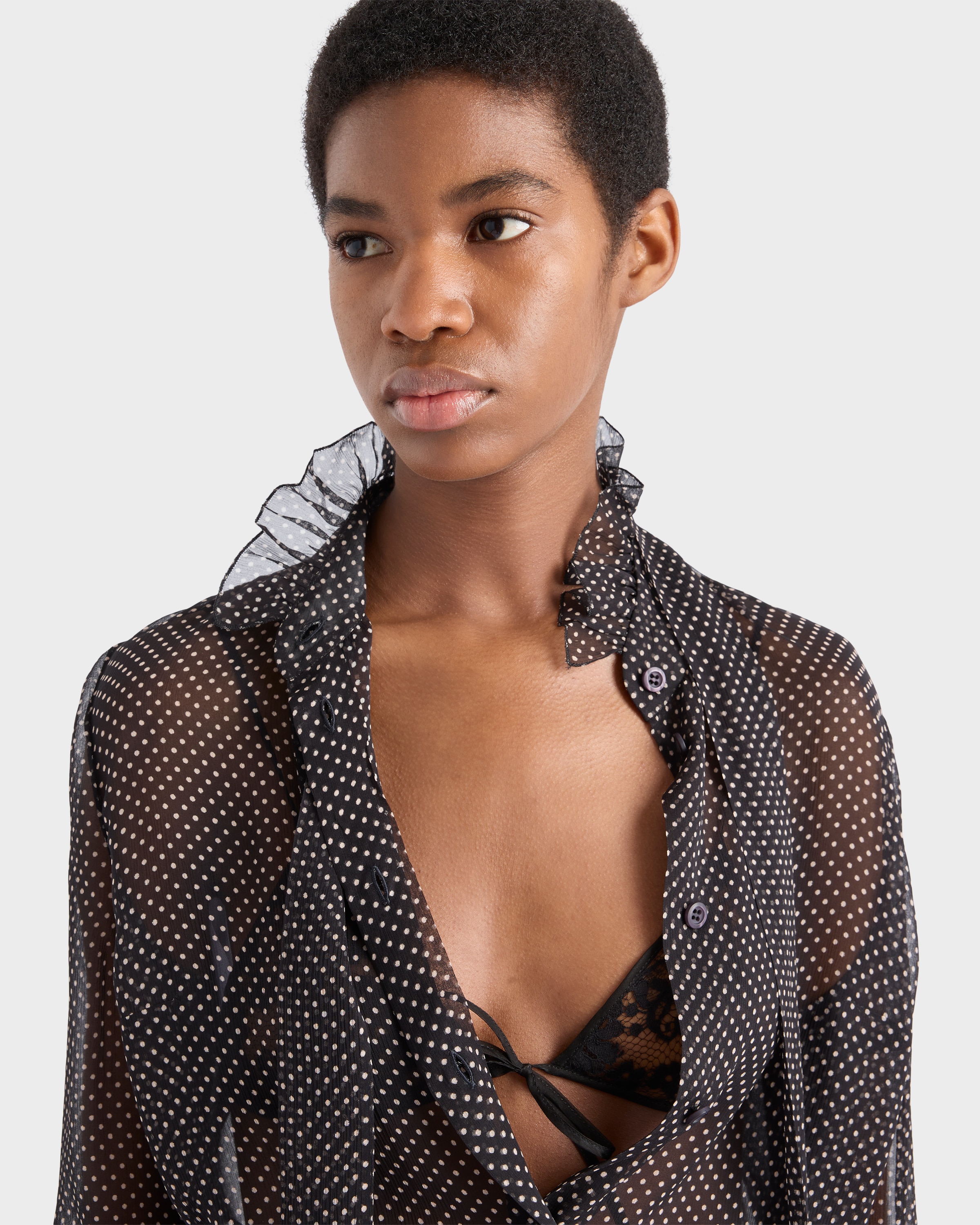 ー品販売  Black Polka-dot silk chiffon shirt | PRADA シャツ/ブラウス(半袖/袖なし)