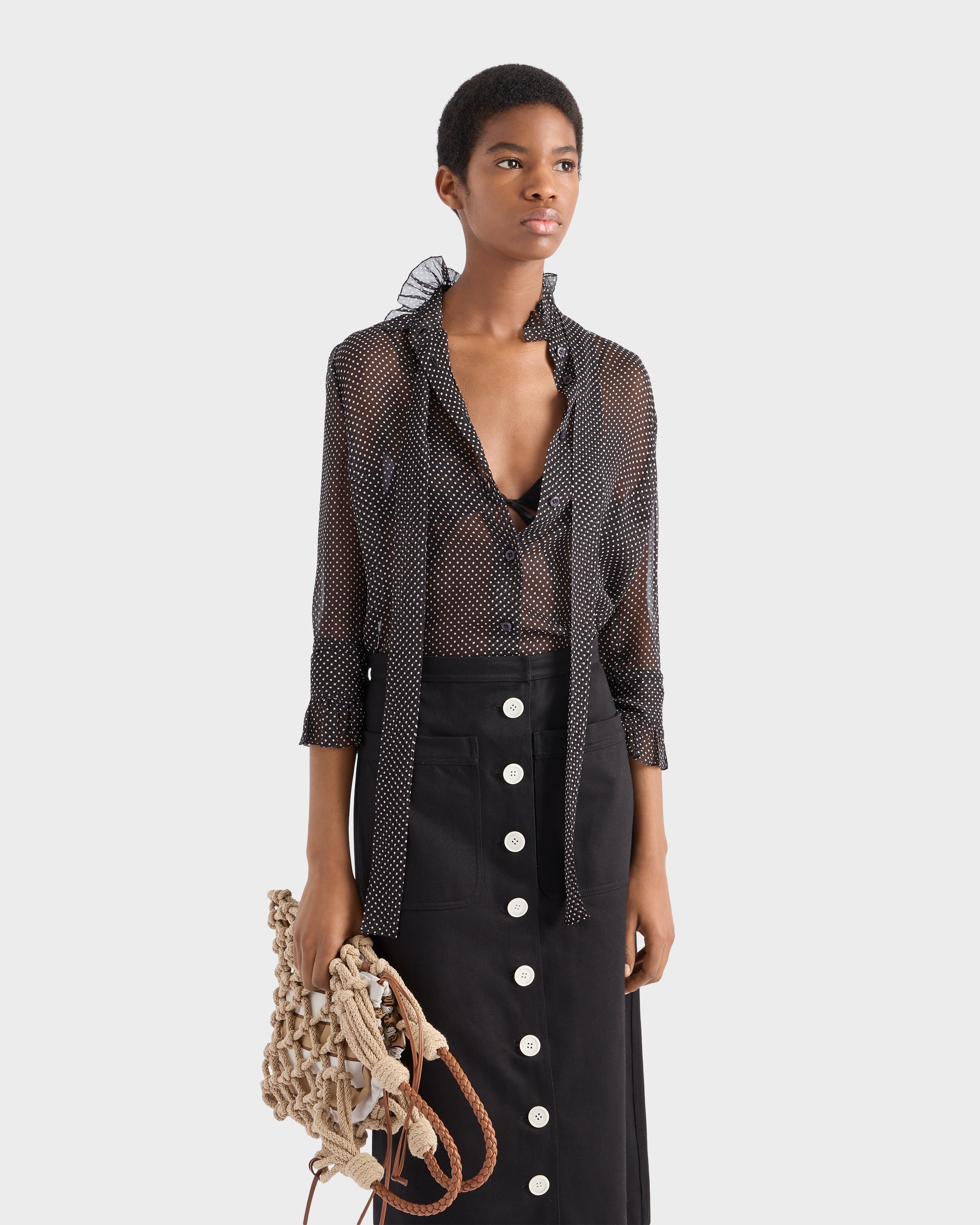 Black Polka-dot silk chiffon shirt | PRADA