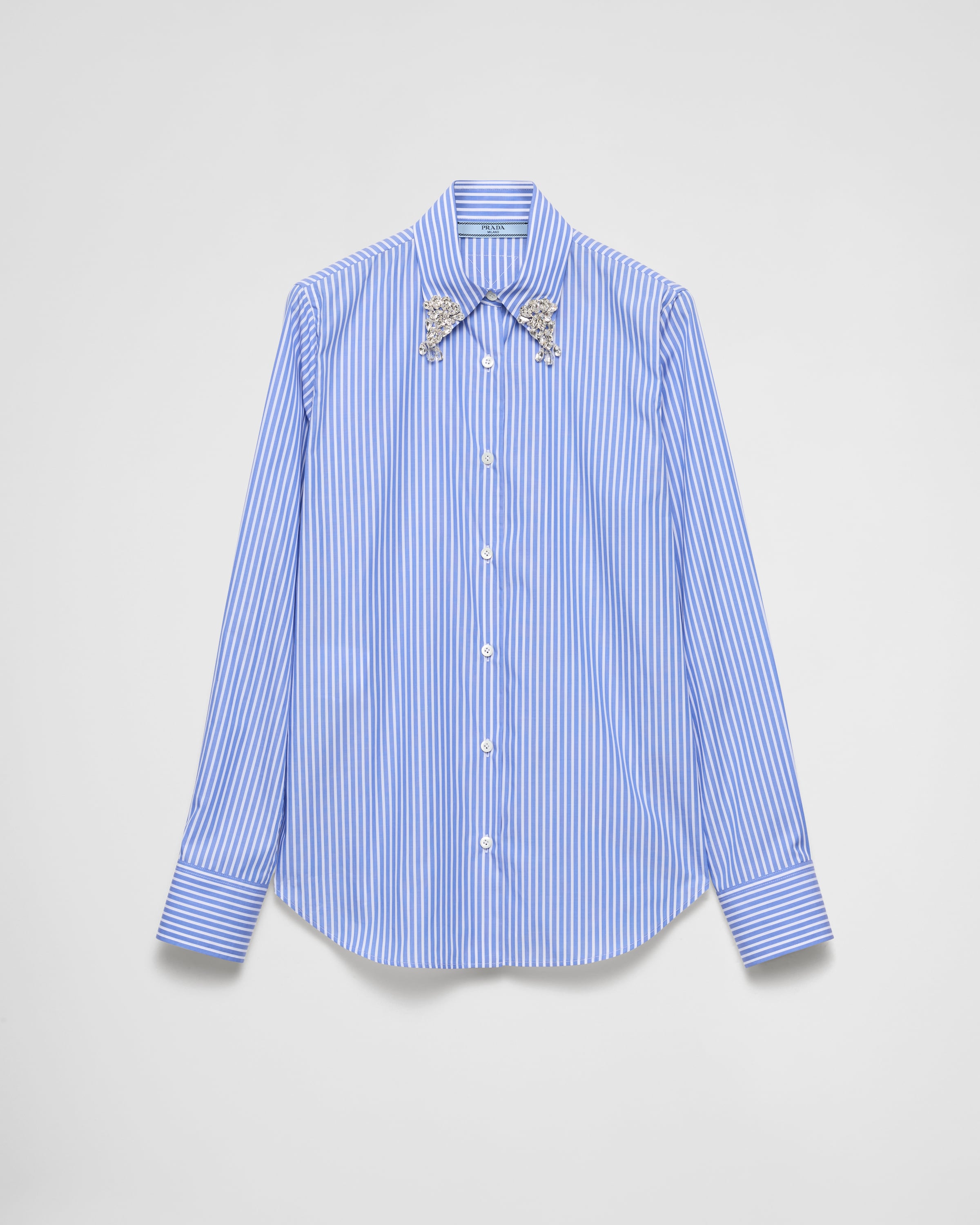 Sapphire Blue Embroidered stripe poplin shirt | PRADA
