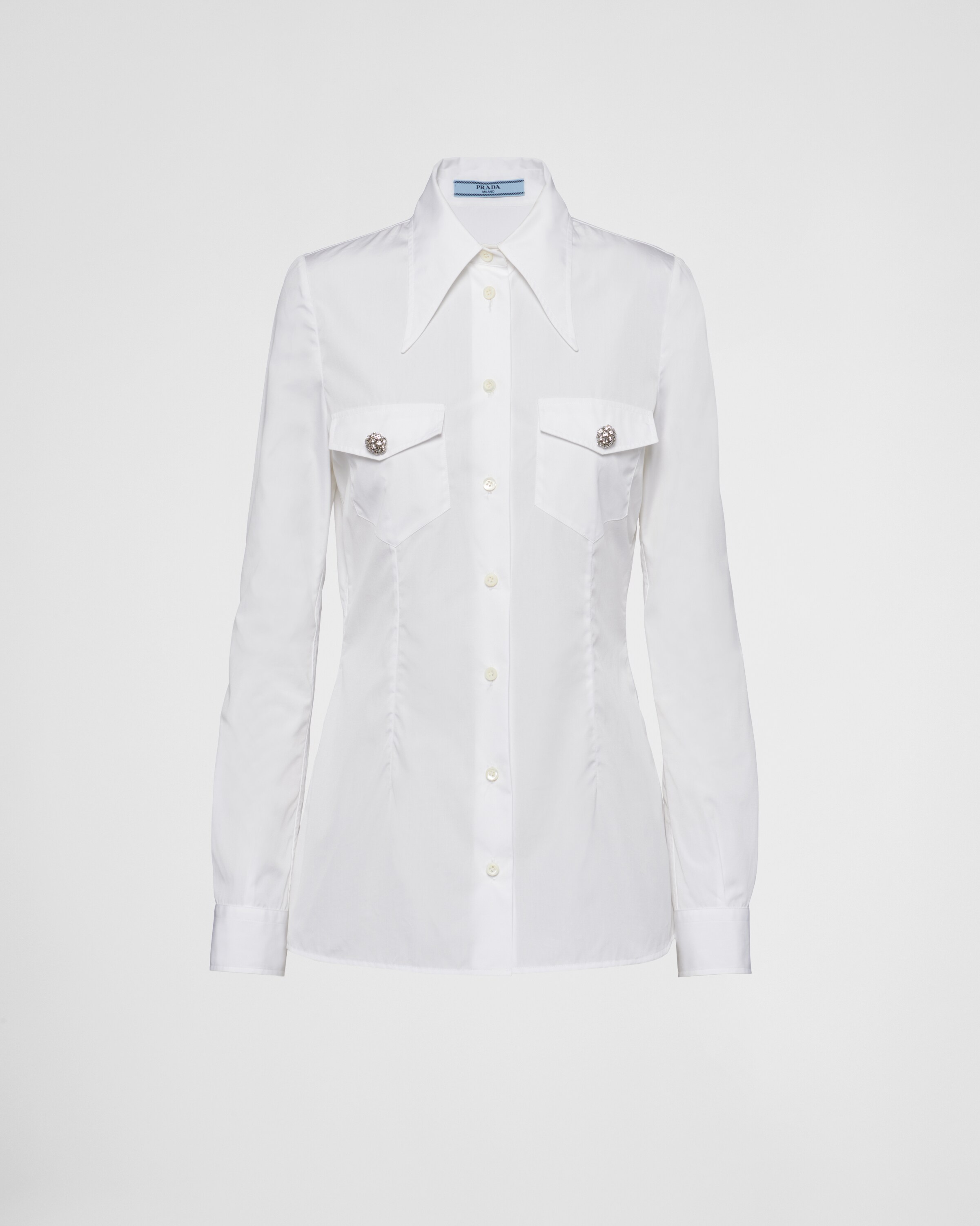 Prada Poplin Long-sleeve Top With Crystal Buttons In White