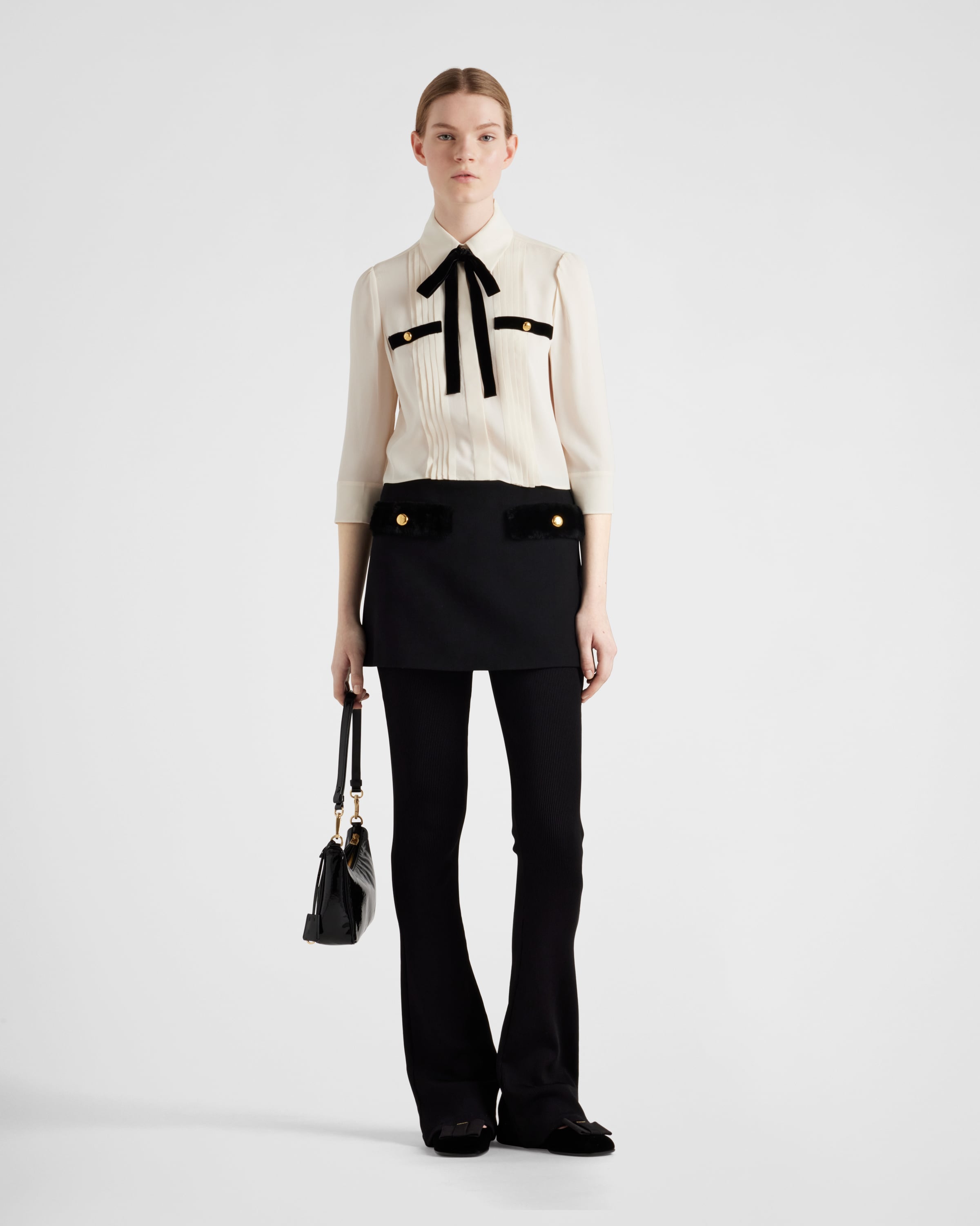 Prada Pleated Bow Cropped Blouse In Elfenbein