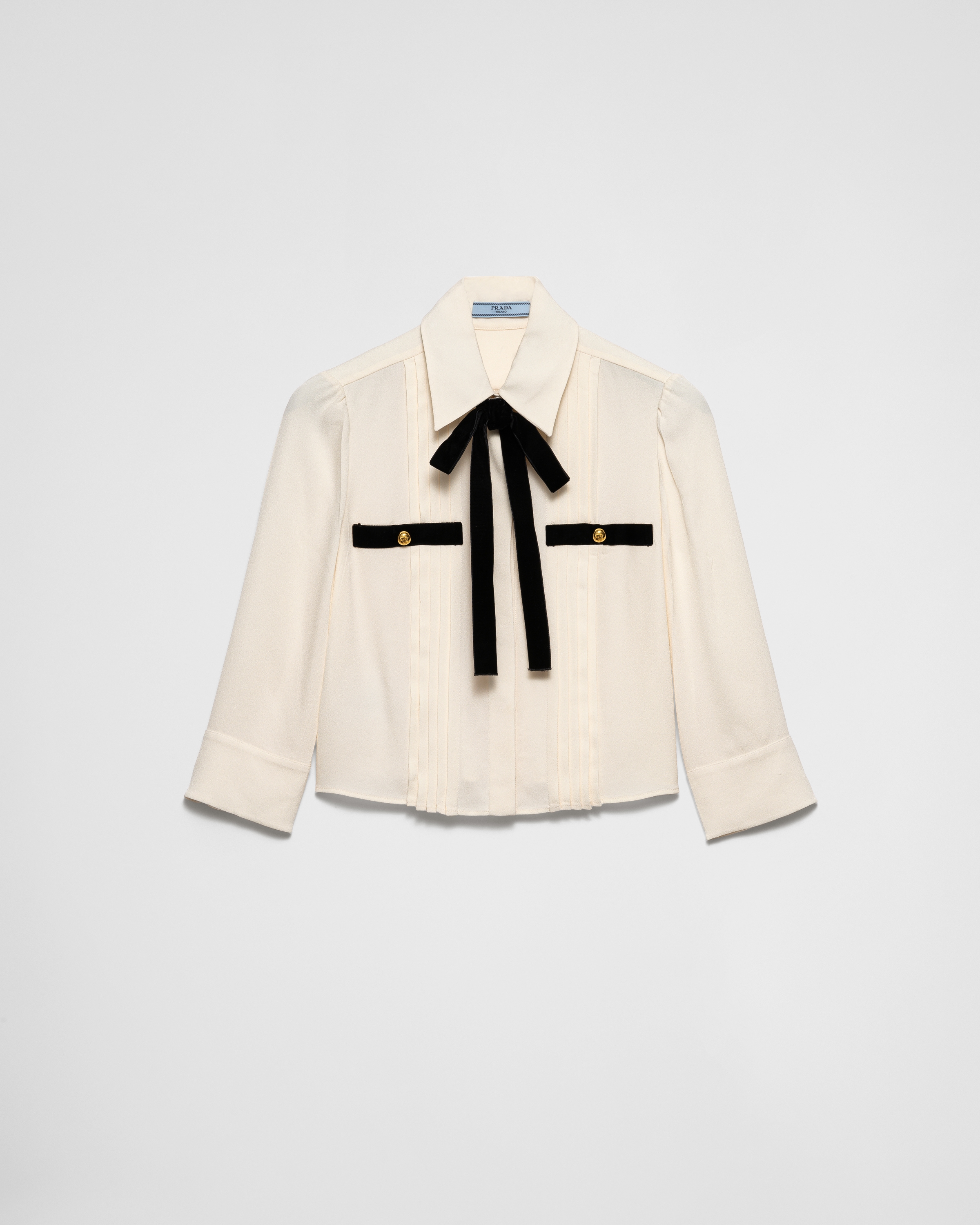 Prada Pleated Bow Cropped Blouse In Elfenbein