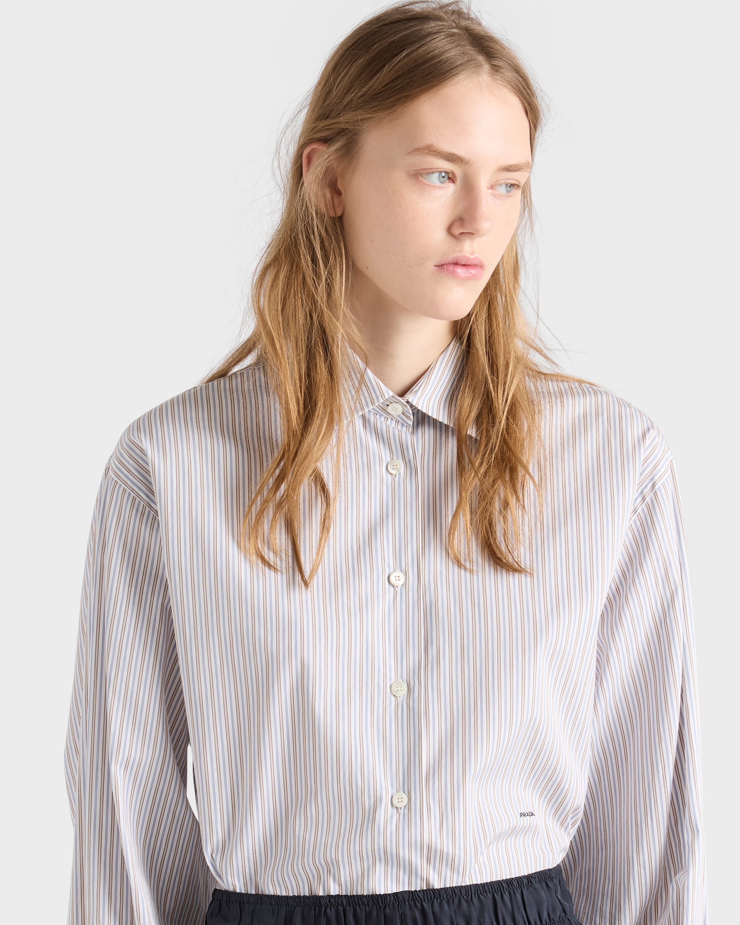 Tobacco/blue Embroidered Striped Poplin Shirt | PRADA