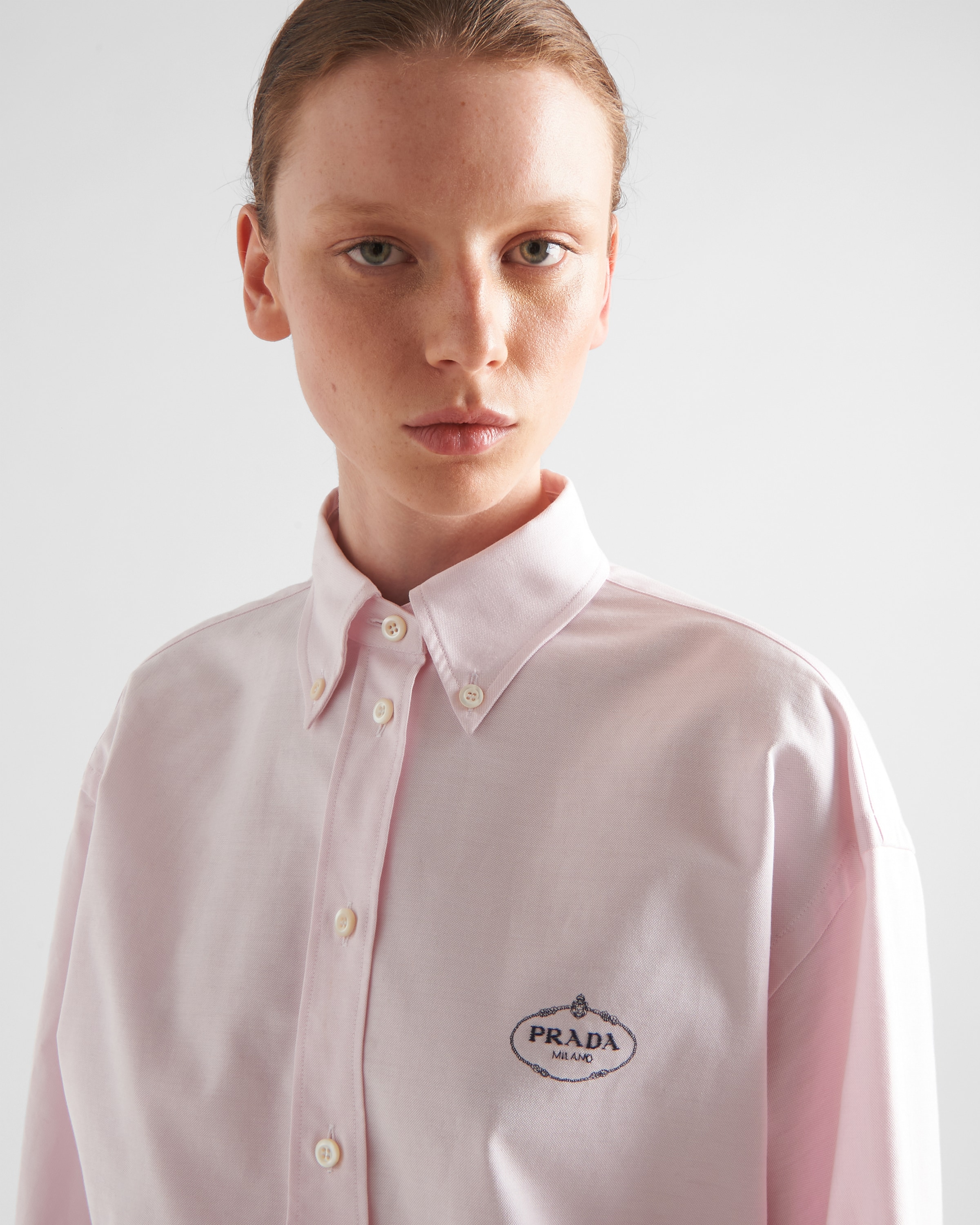 Shop Prada Embroidered Oxford Cotton Shirt In Pink