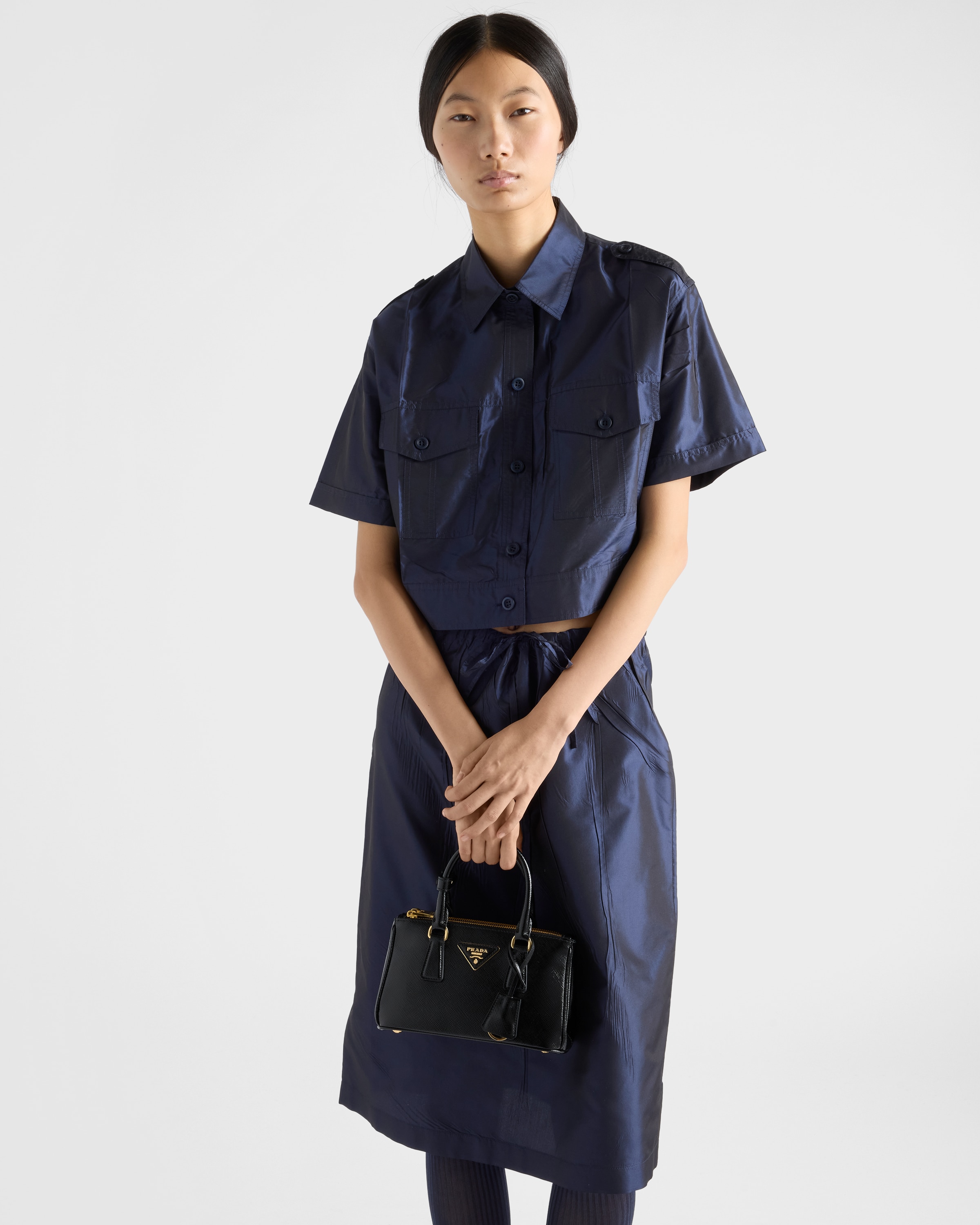 ネイビー クロップド タフタ シャツ | PRADA
