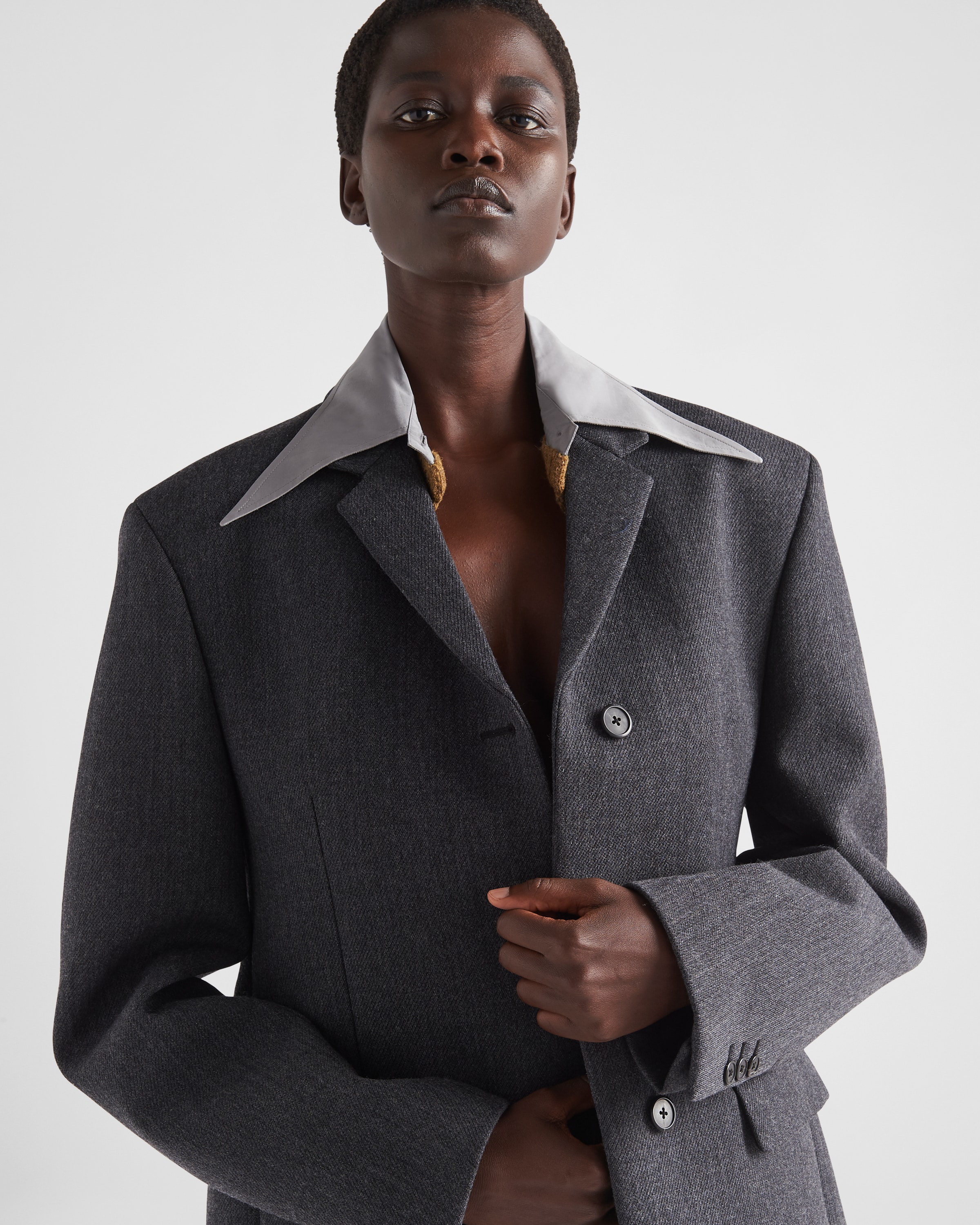Anthracite Gray aluminum Single breasted Wool Jacket PRADA
