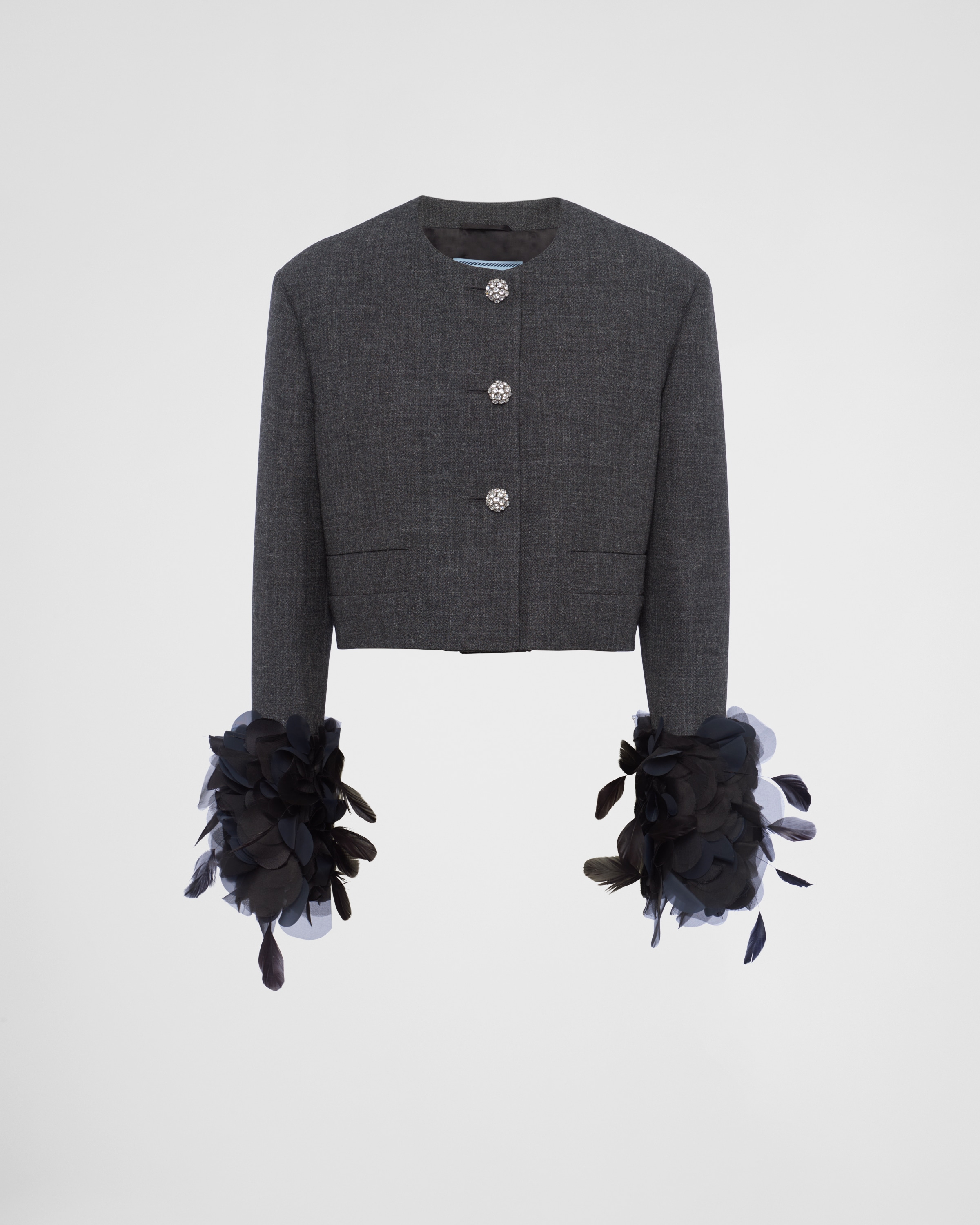 Slate Gray Feather trimmed Single breasted Wool Jacket PRADA