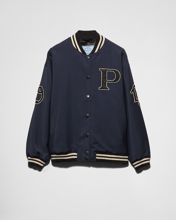 Black Leather bomber jacket with patch | PRADA