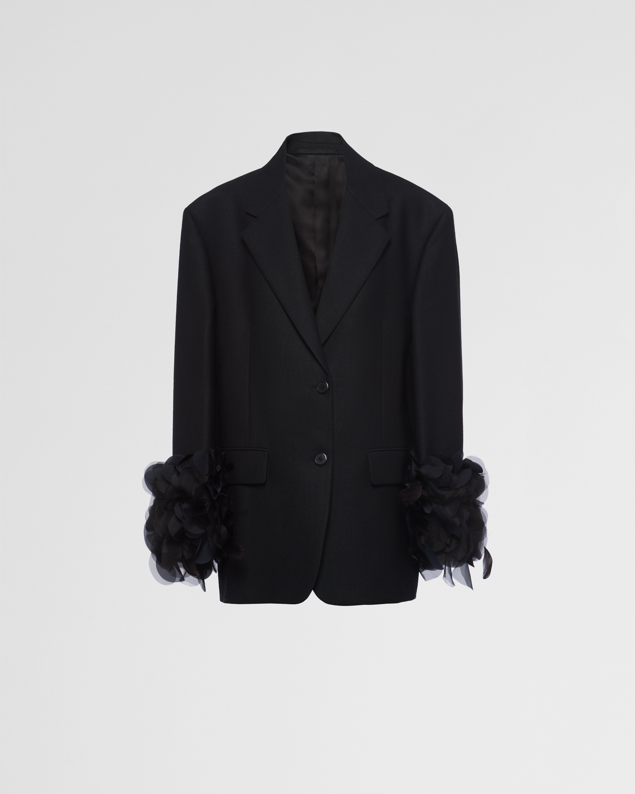 Prada Single-breasted Wool Jacket With Feather Trim In F Nero