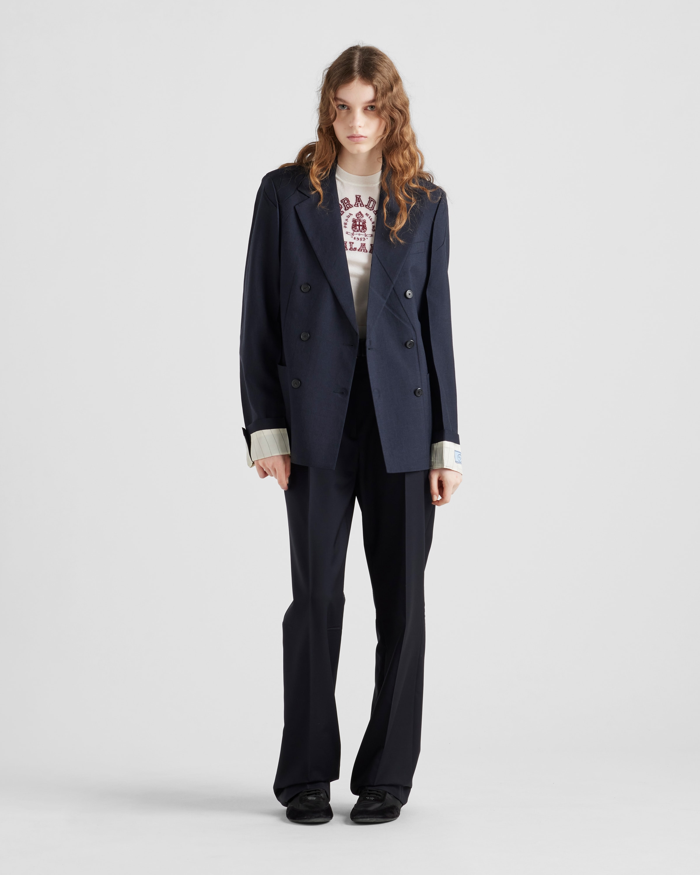 Navy Double-breasted kid mohair jacket | PRADA
