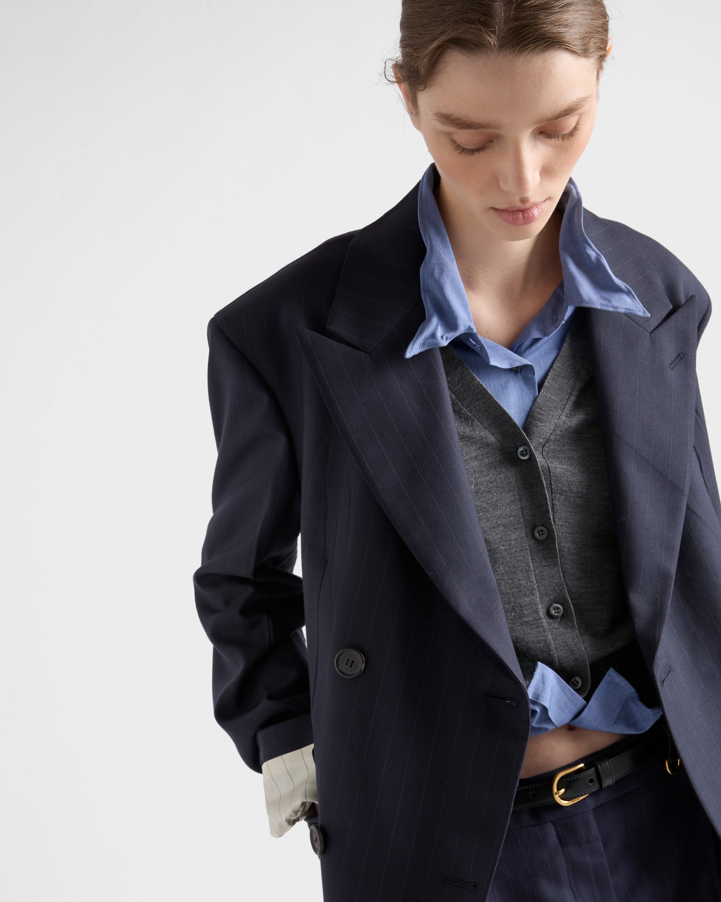 【希少】PRADA ダブルブレスト ピンストライプ ウールジャケット ネイビー シングルブレスト ウール ジャケット | PRADA