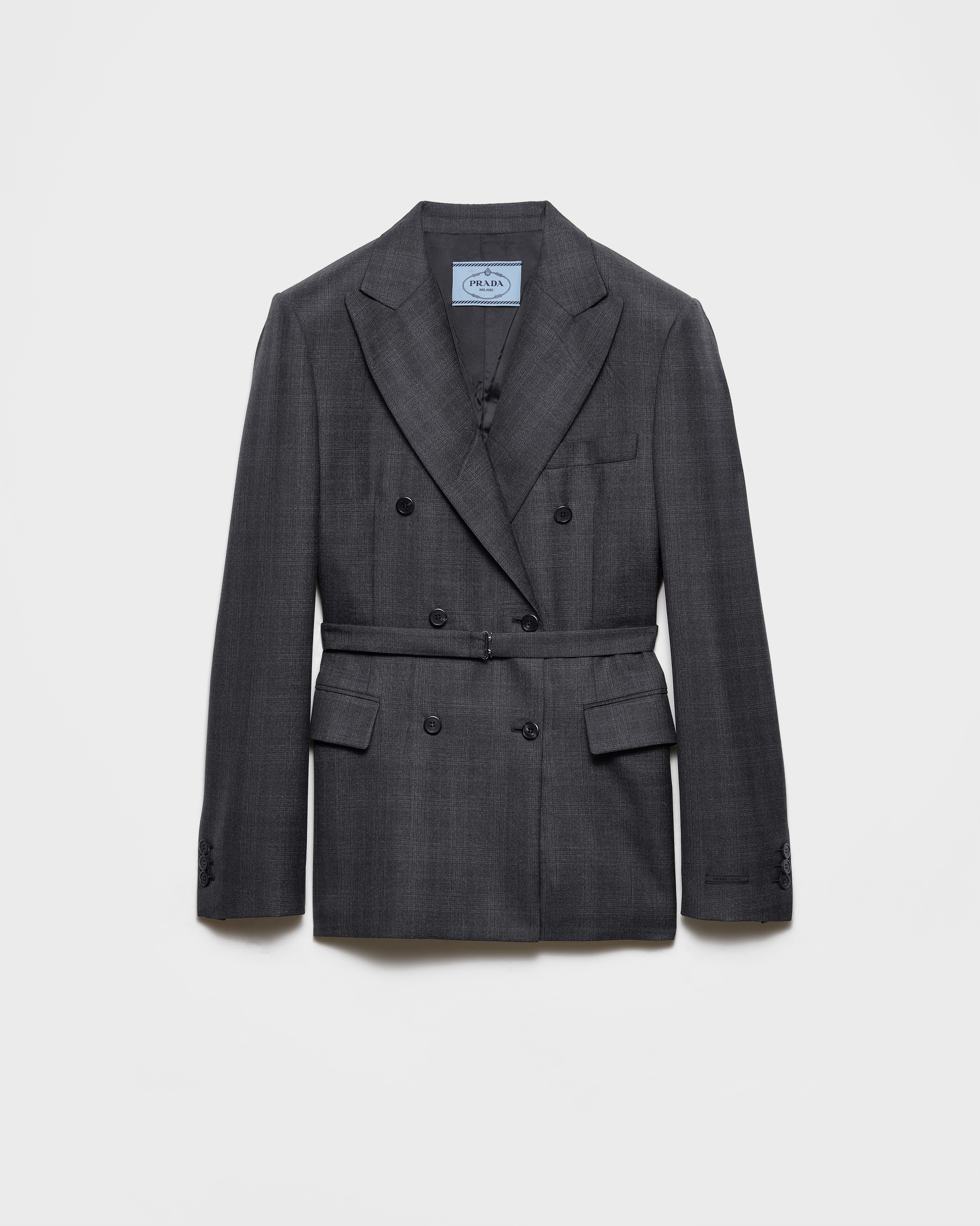 Anthracite Gray Double-breasted Checked Wool Jacket | PRADA