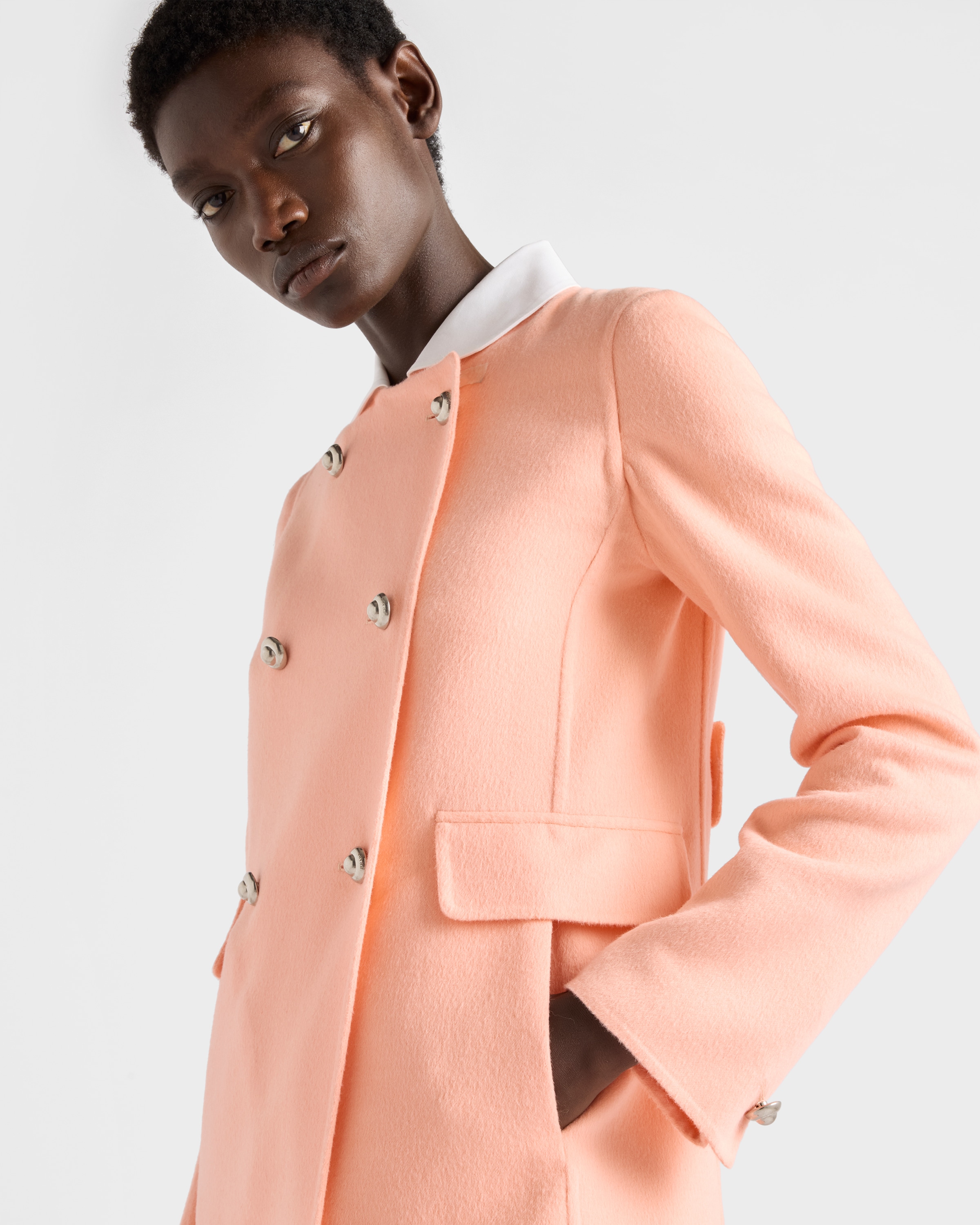 Apricot Double-breasted lightweight cashmere peacoat | PRADA