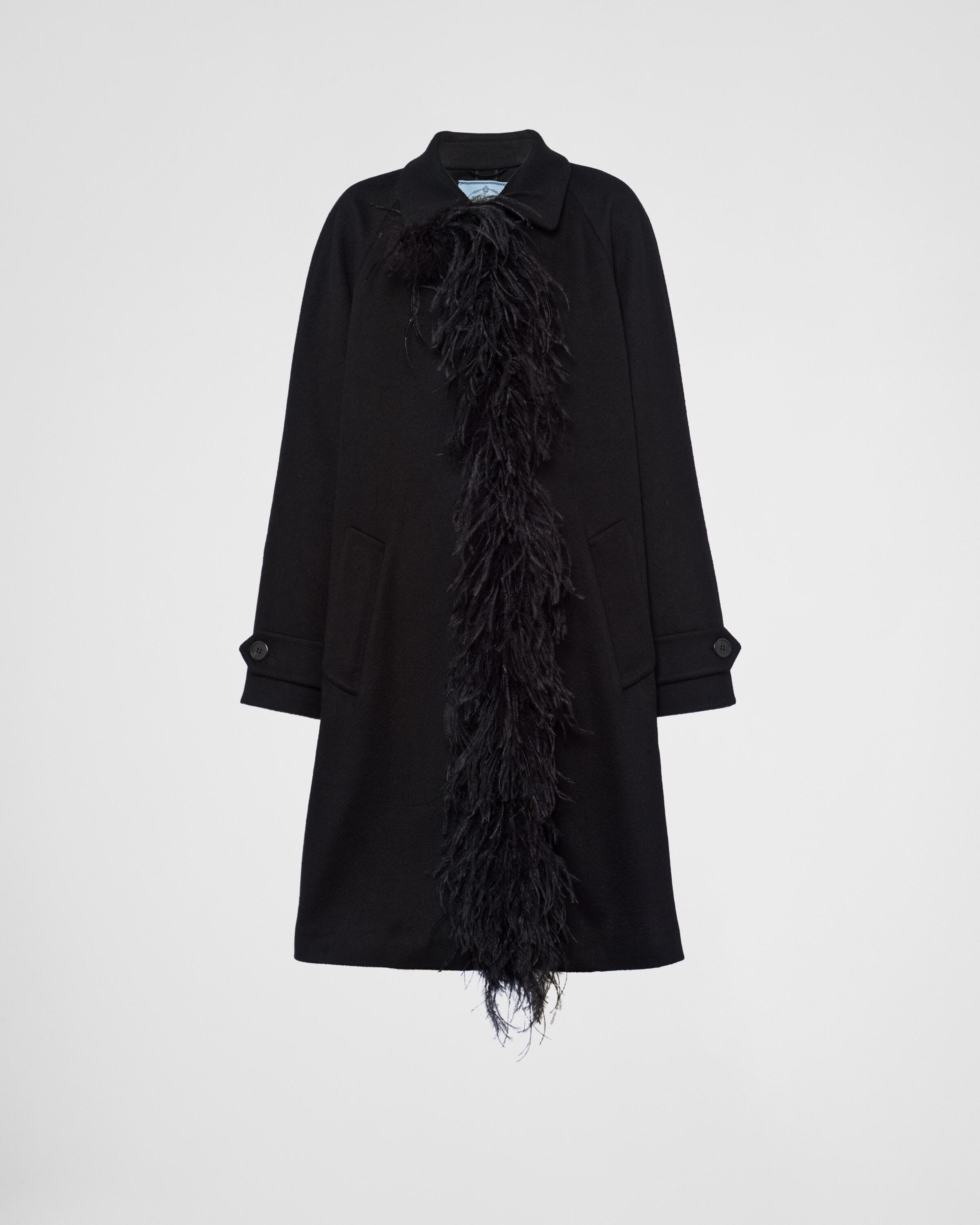 Prada Single-breasted Cashmere Coat With Feathers In Black