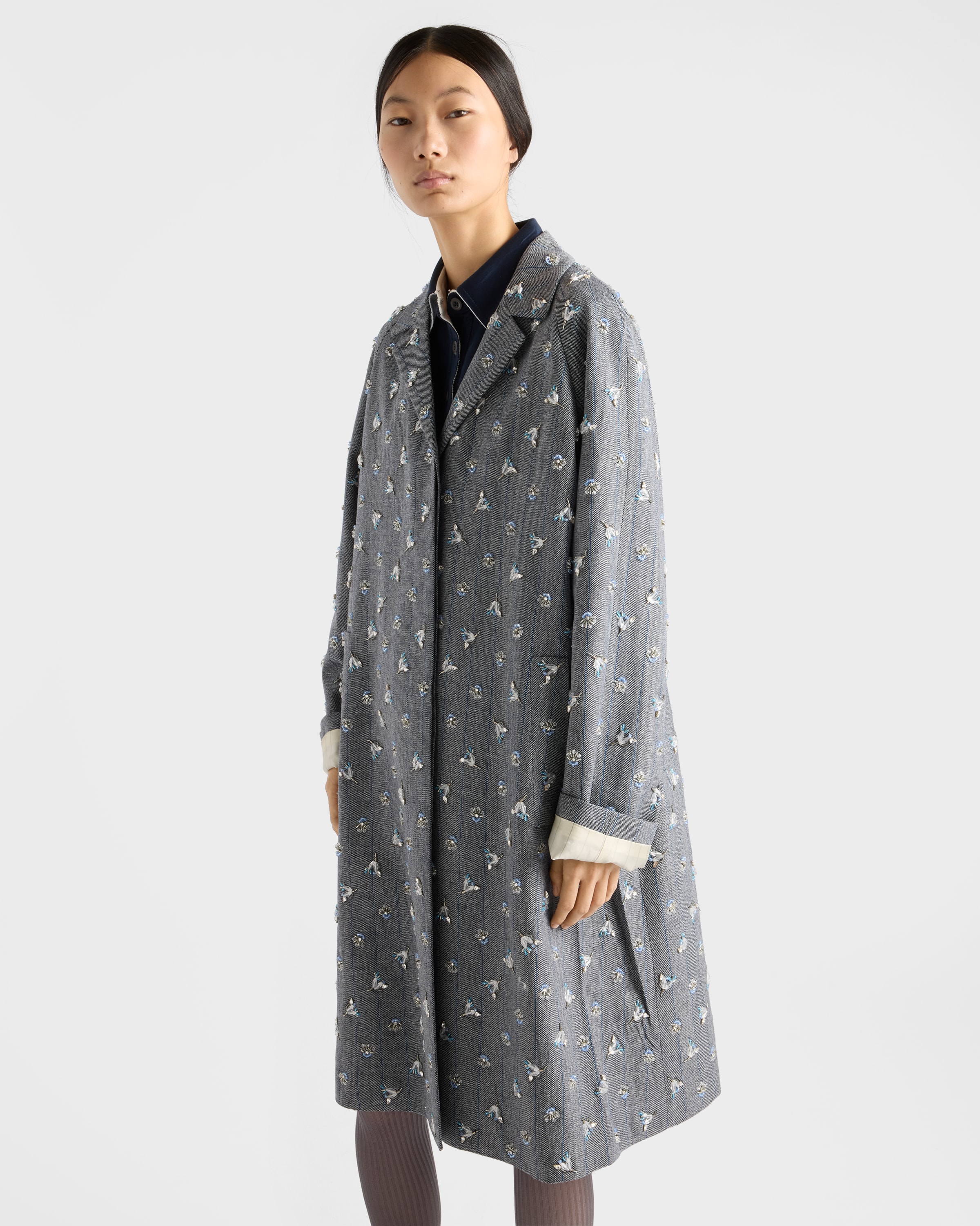 Anthracite Gray Single-breasted embroidered pinstripe coat | PRADA