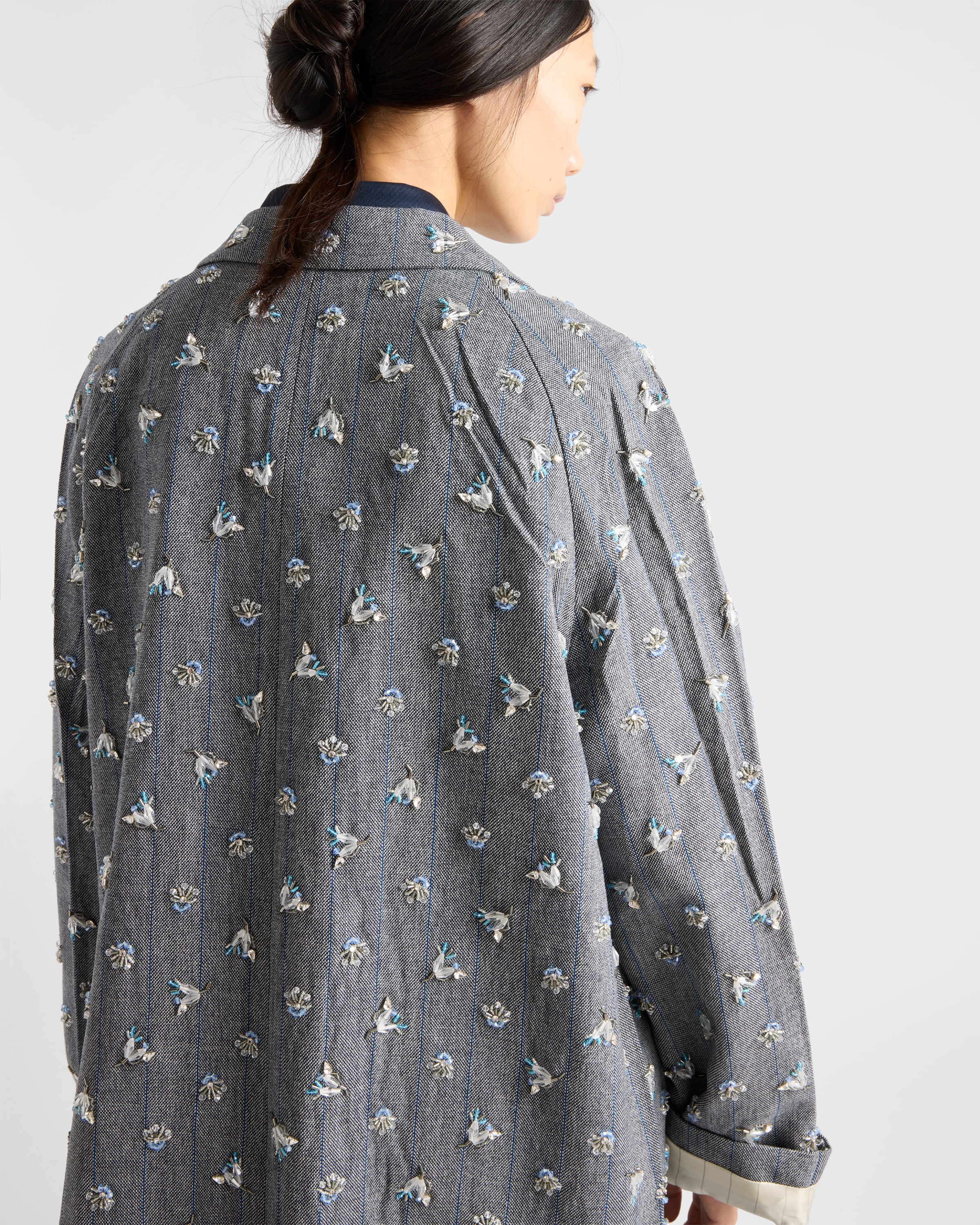 Anthracite Gray Single-breasted embroidered pinstripe coat | PRADA