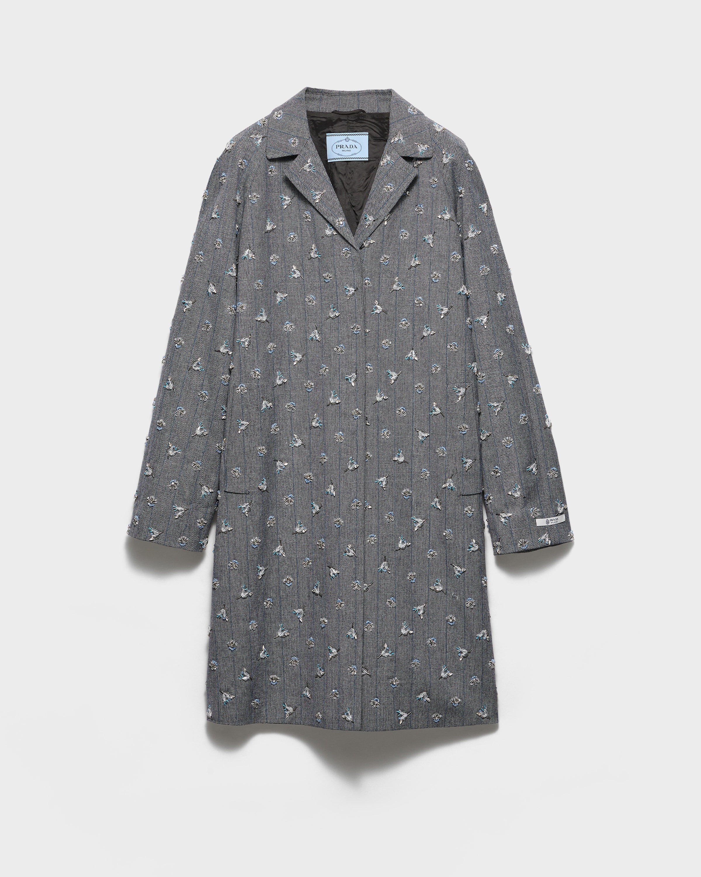 Anthracite Gray Single-breasted Embroidered Pinstripe Coat | PRADA