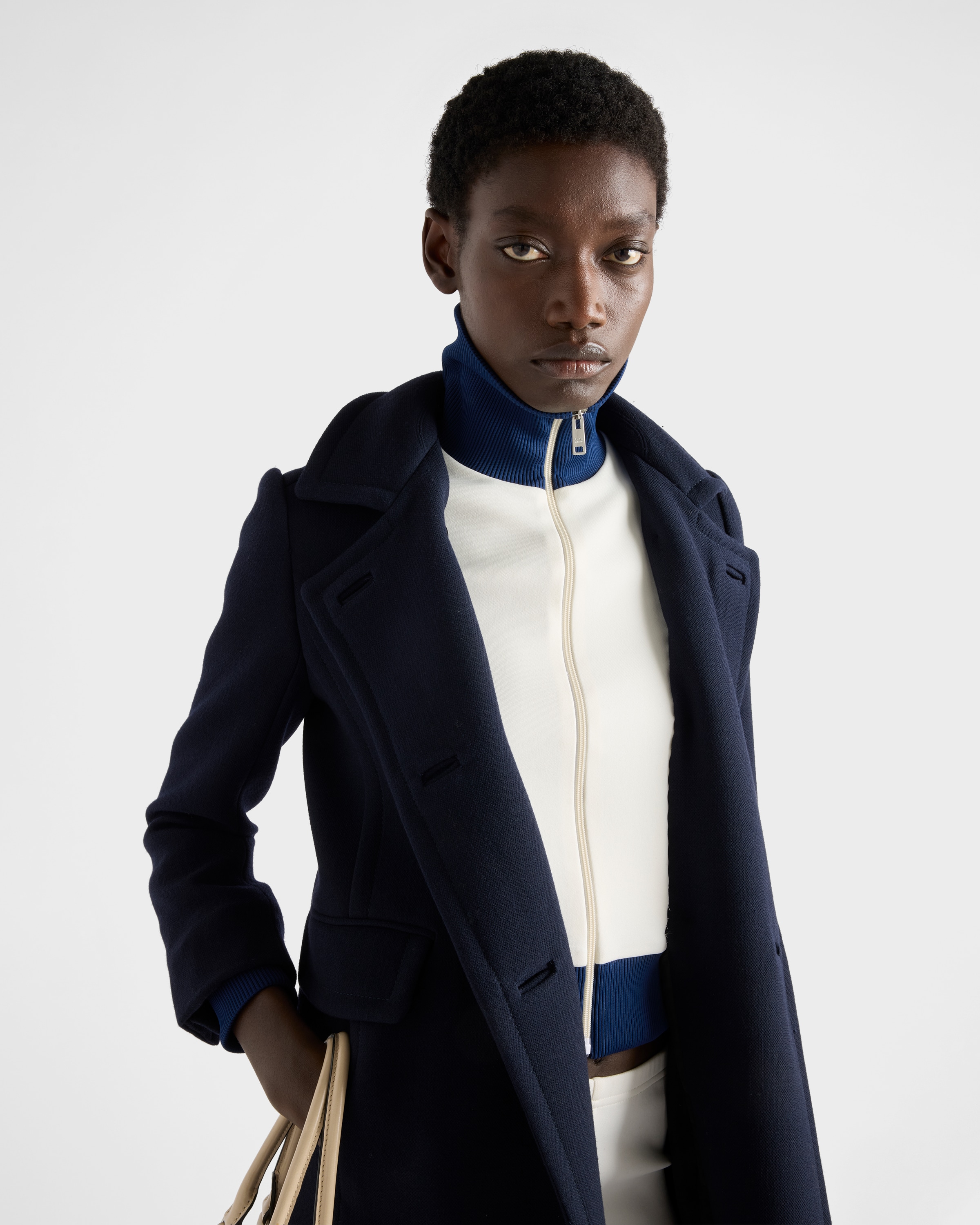 ネイビー シングルブレスト ナッテファブリック コート | PRADA