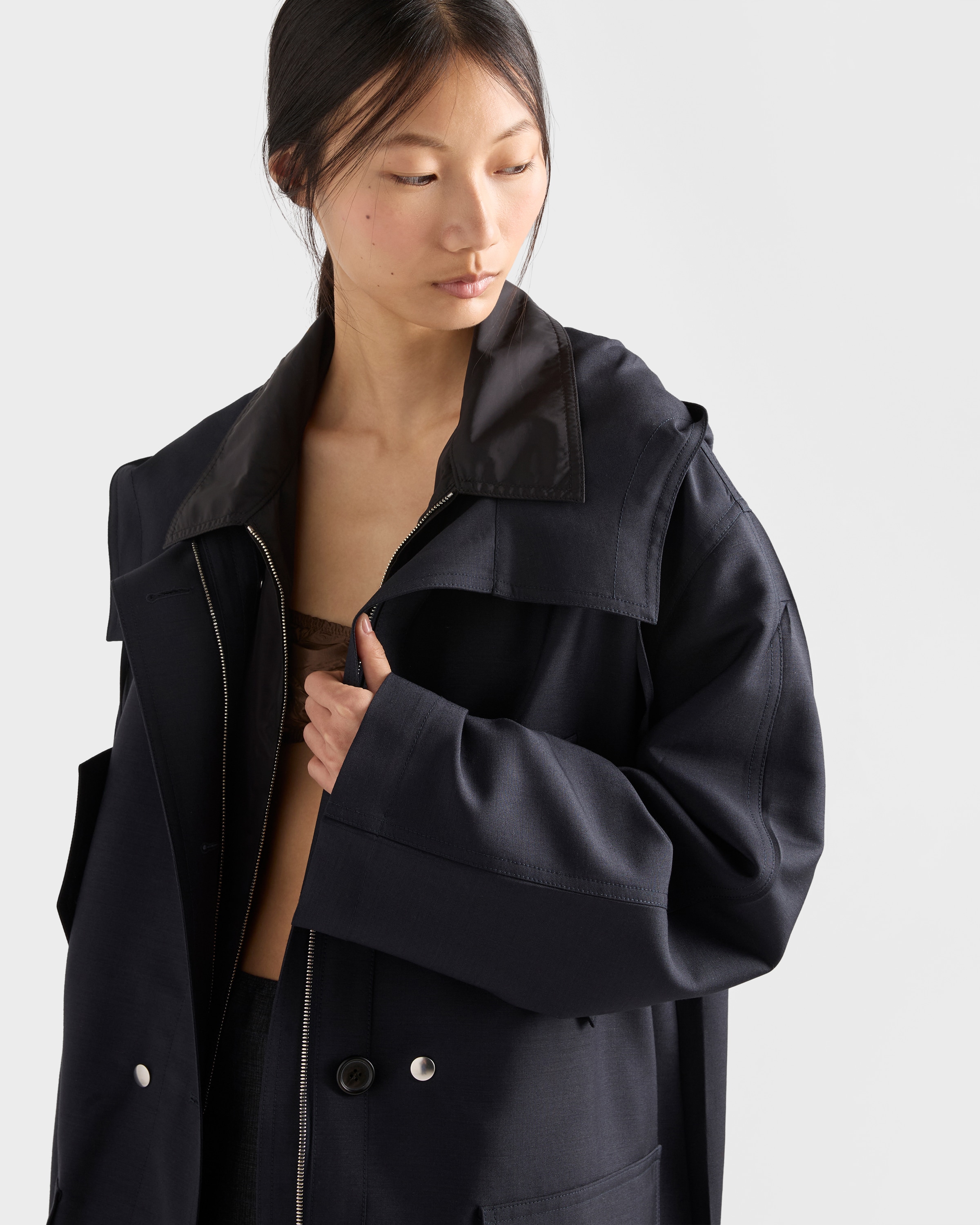 ネイビー シングルブレスト キッドモヘアX Re-nylon コート | PRADA - 日本
