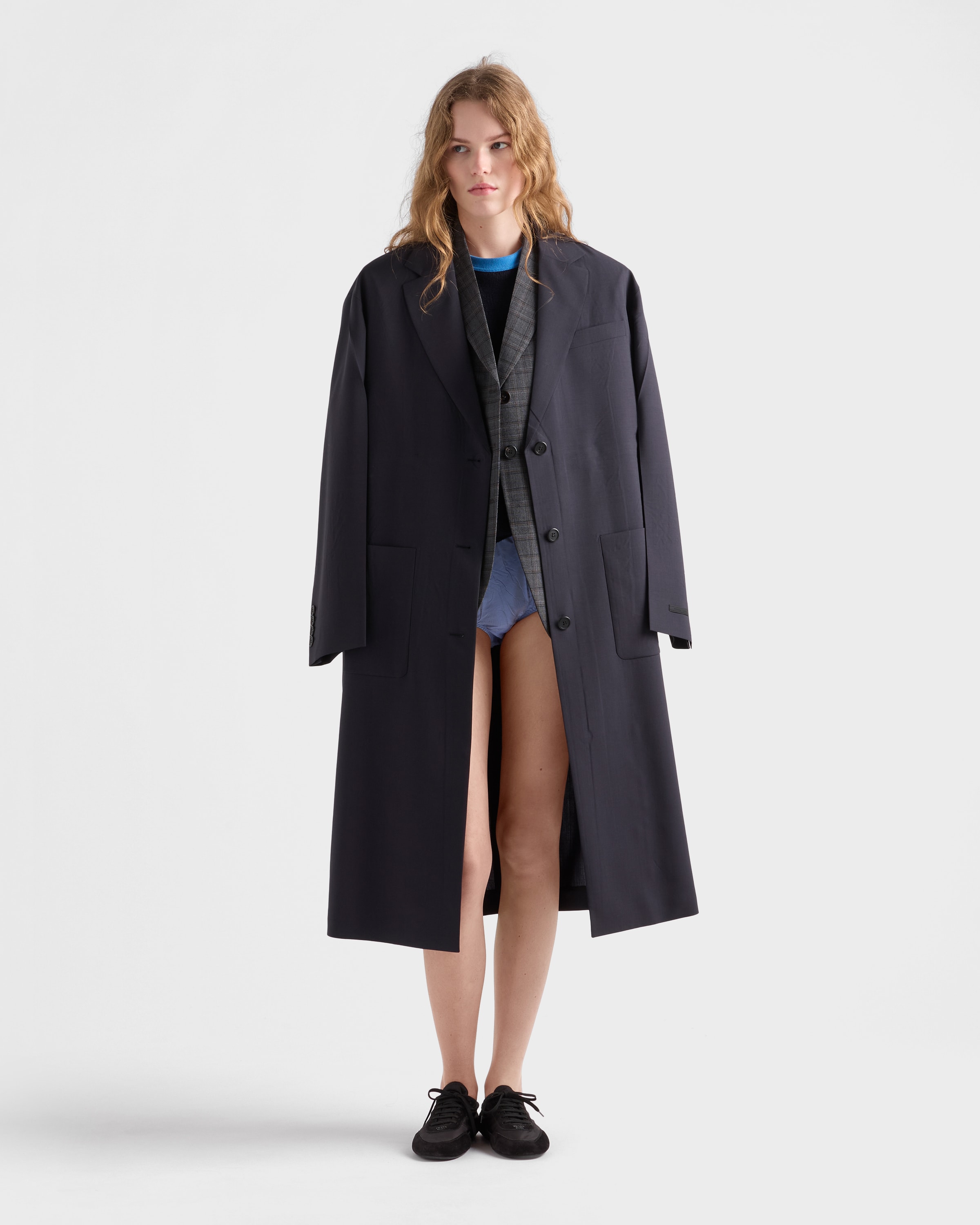 Navy Single-breasted Light Wool Coat | PRADA
