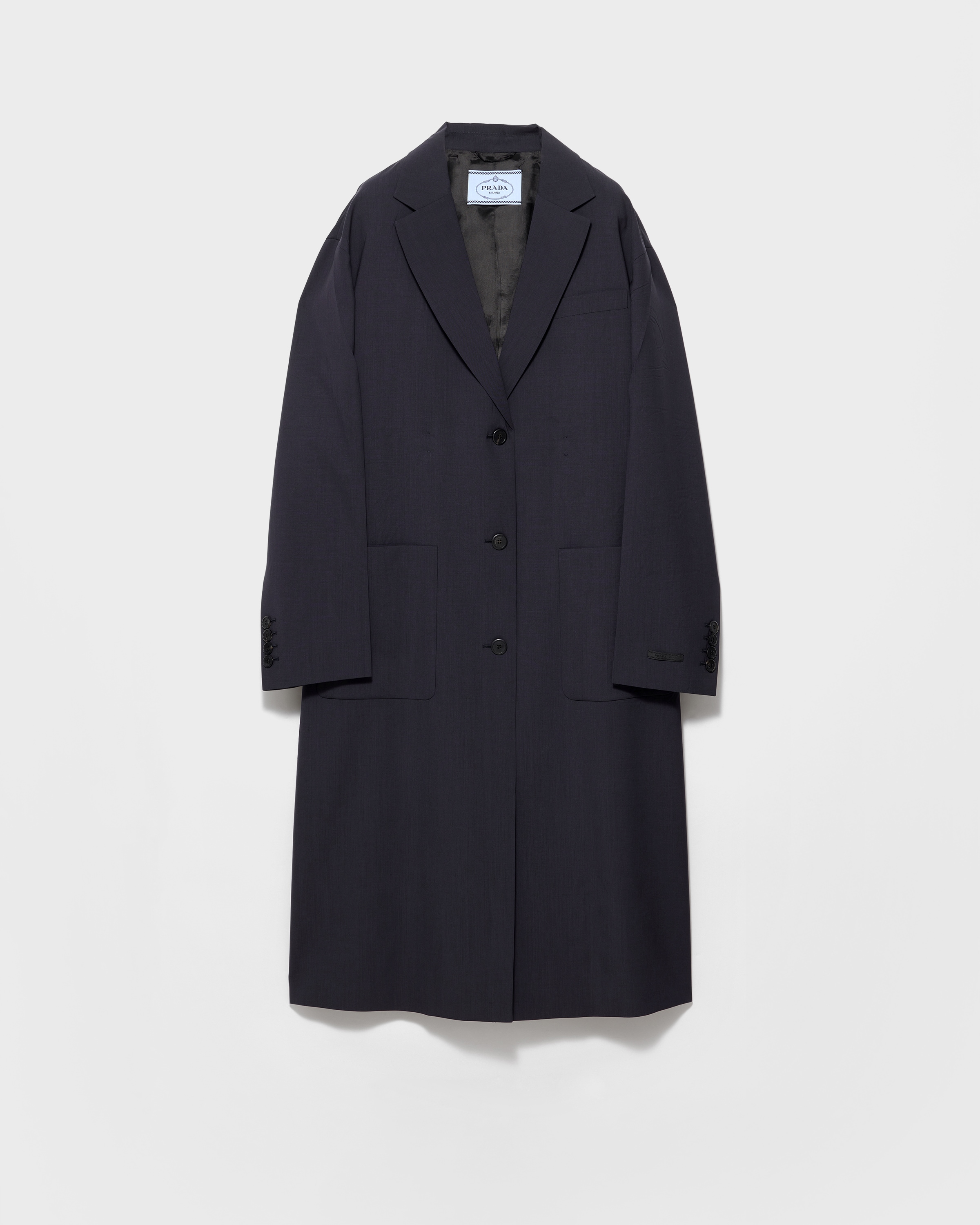 Navy Single-breasted Light Wool Coat | PRADA