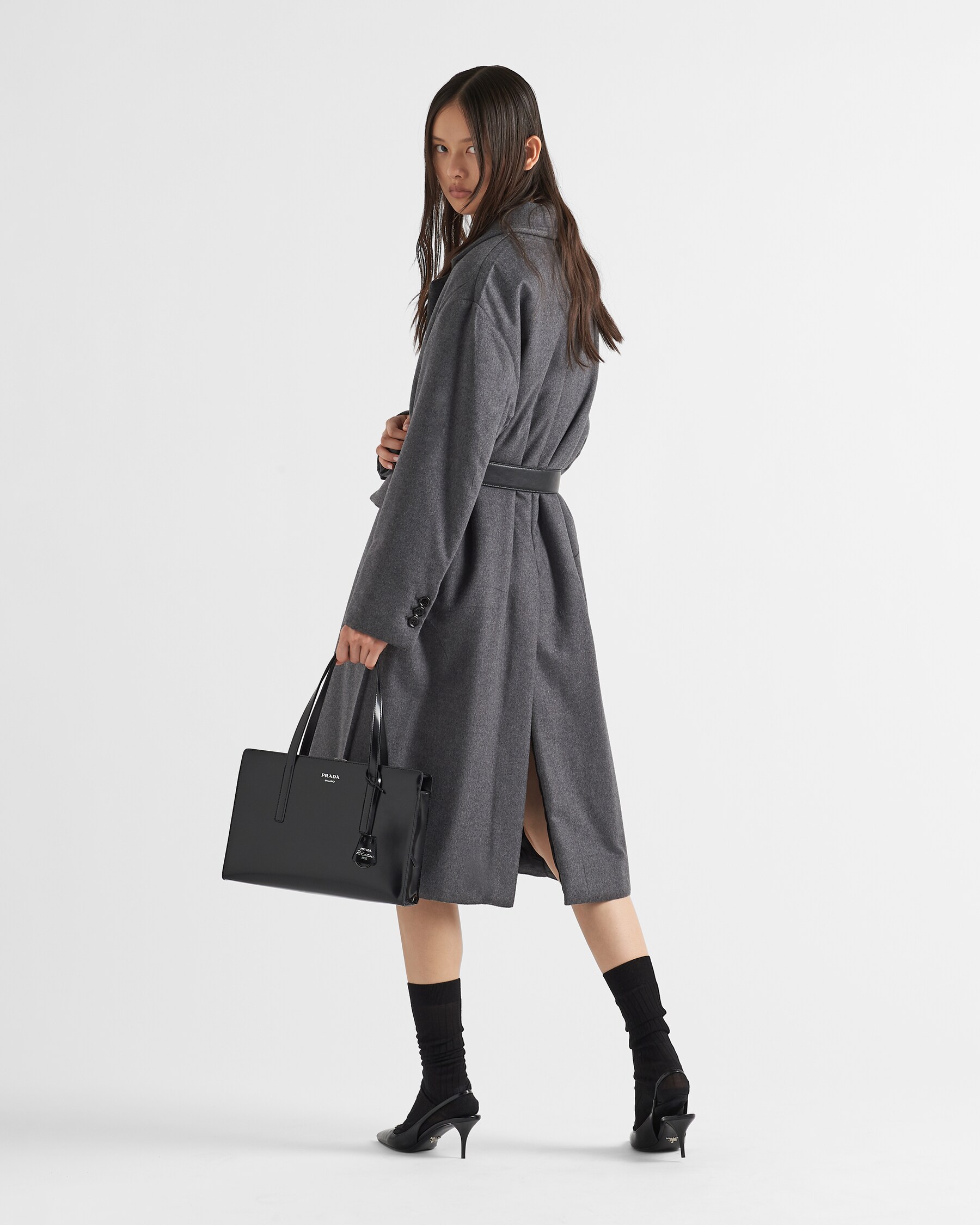 Slate Gray Single-breasted Belted Cashmere Coat | PRADA