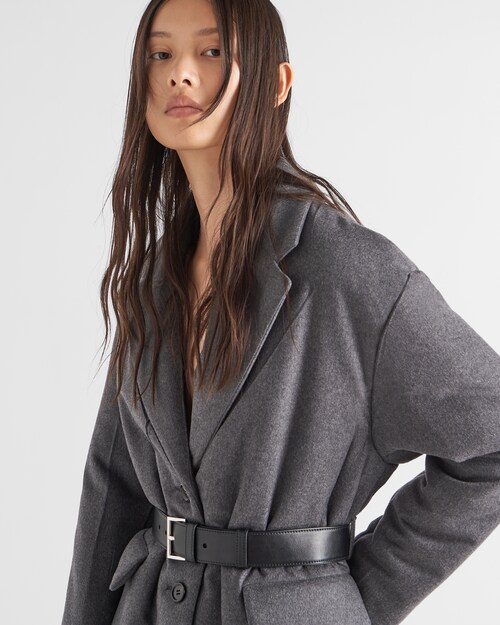 Slate Gray Single-breasted belted cashmere coat | Prada