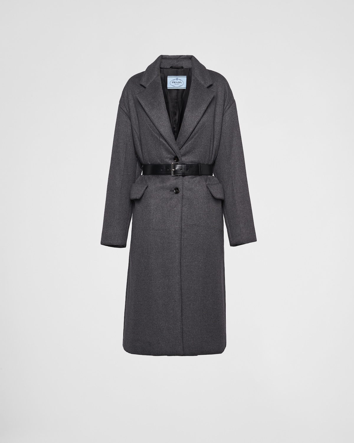 Slate Gray Single-breasted Belted Cashmere Coat | PRADA