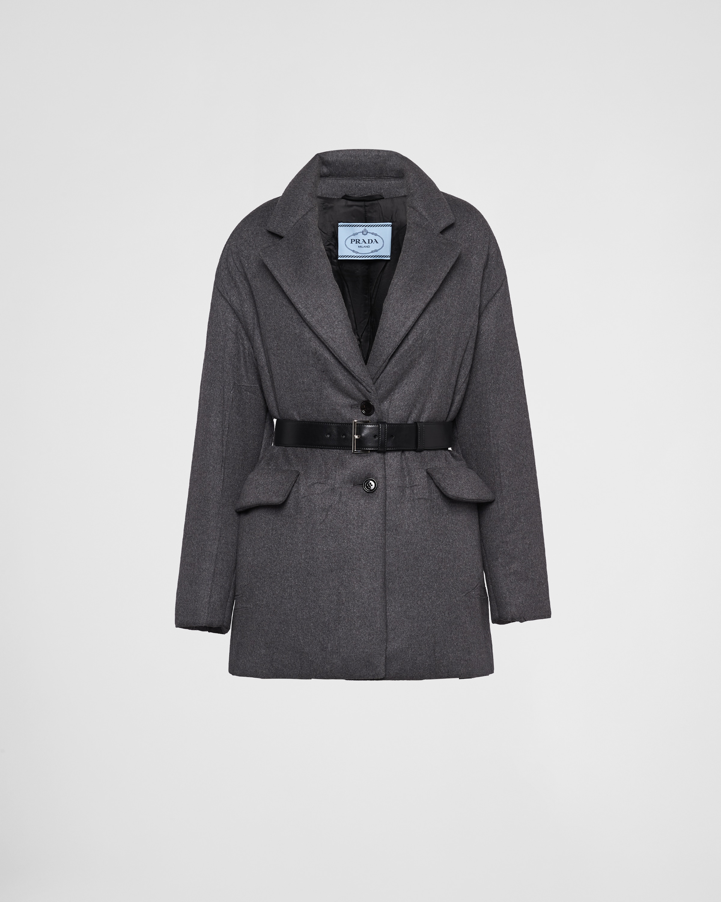 グレー ベルト付 シングルブレスト カシミア パデッド ジャケット | Prada
