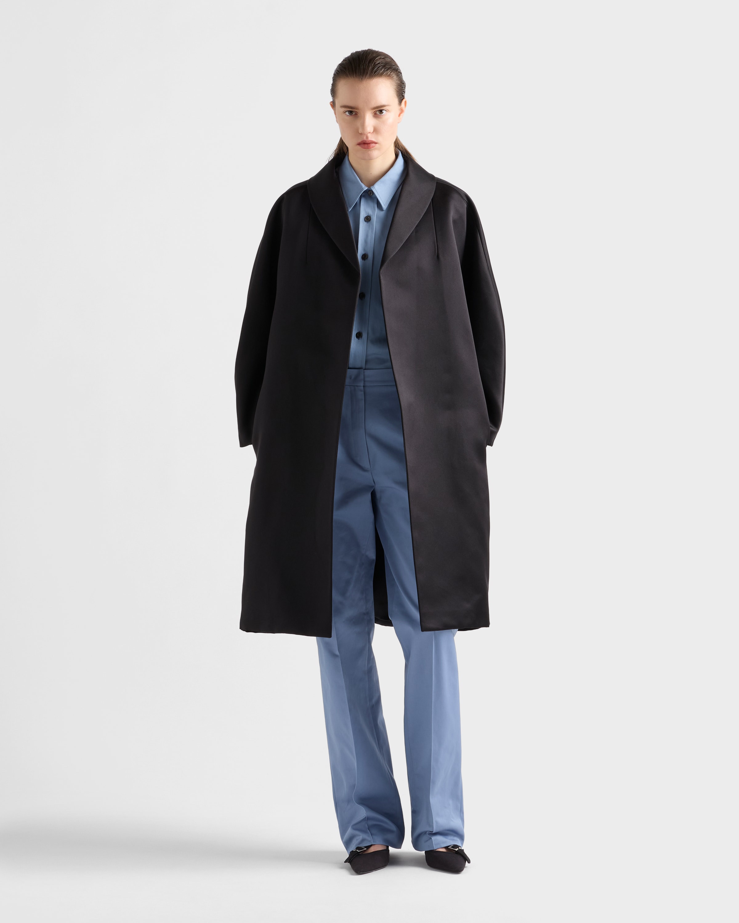Black Single-breasted double satin coat | PRADA - United States