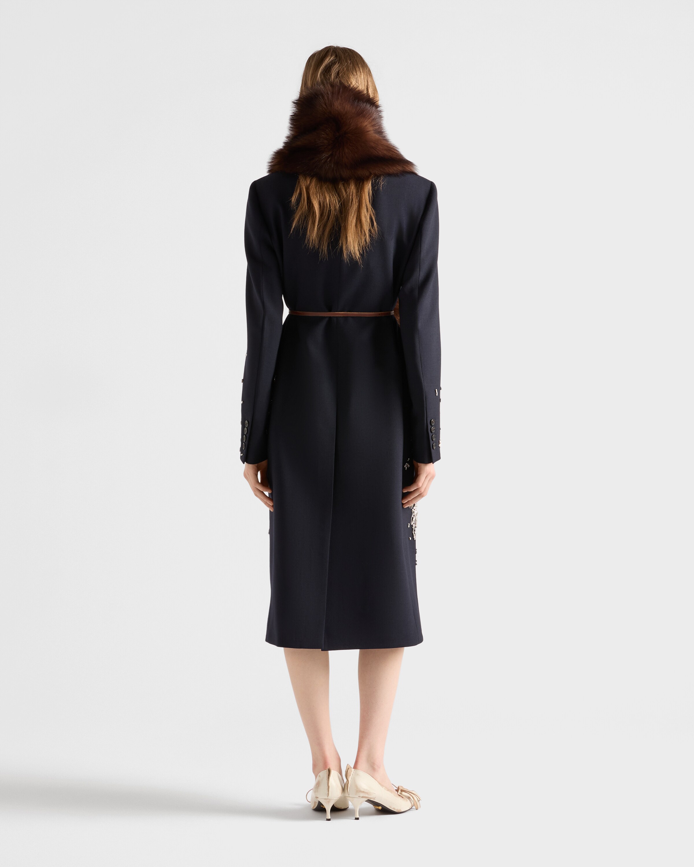 Navy Embroidered Double-breasted Rush Stitch Wool Coat | PRADA