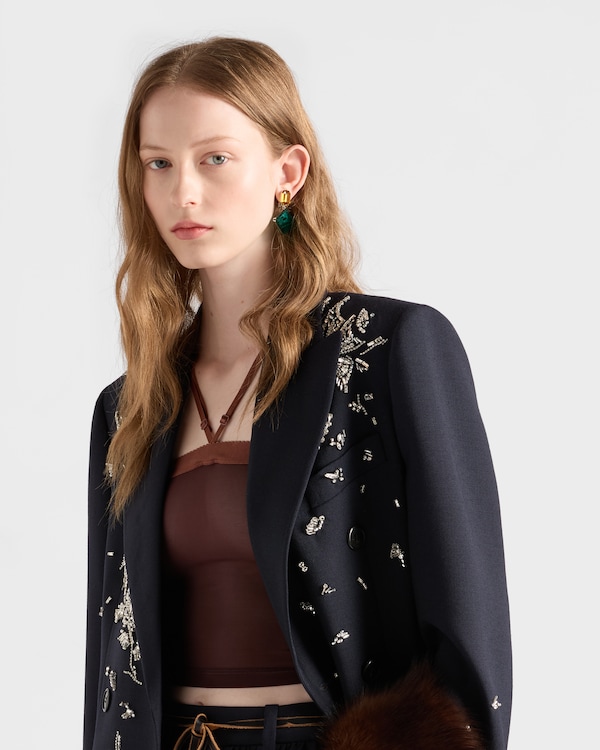 Embroidered double-breasted rush stitch wool coat  Embroidered double-breasted rush stitch wool coat