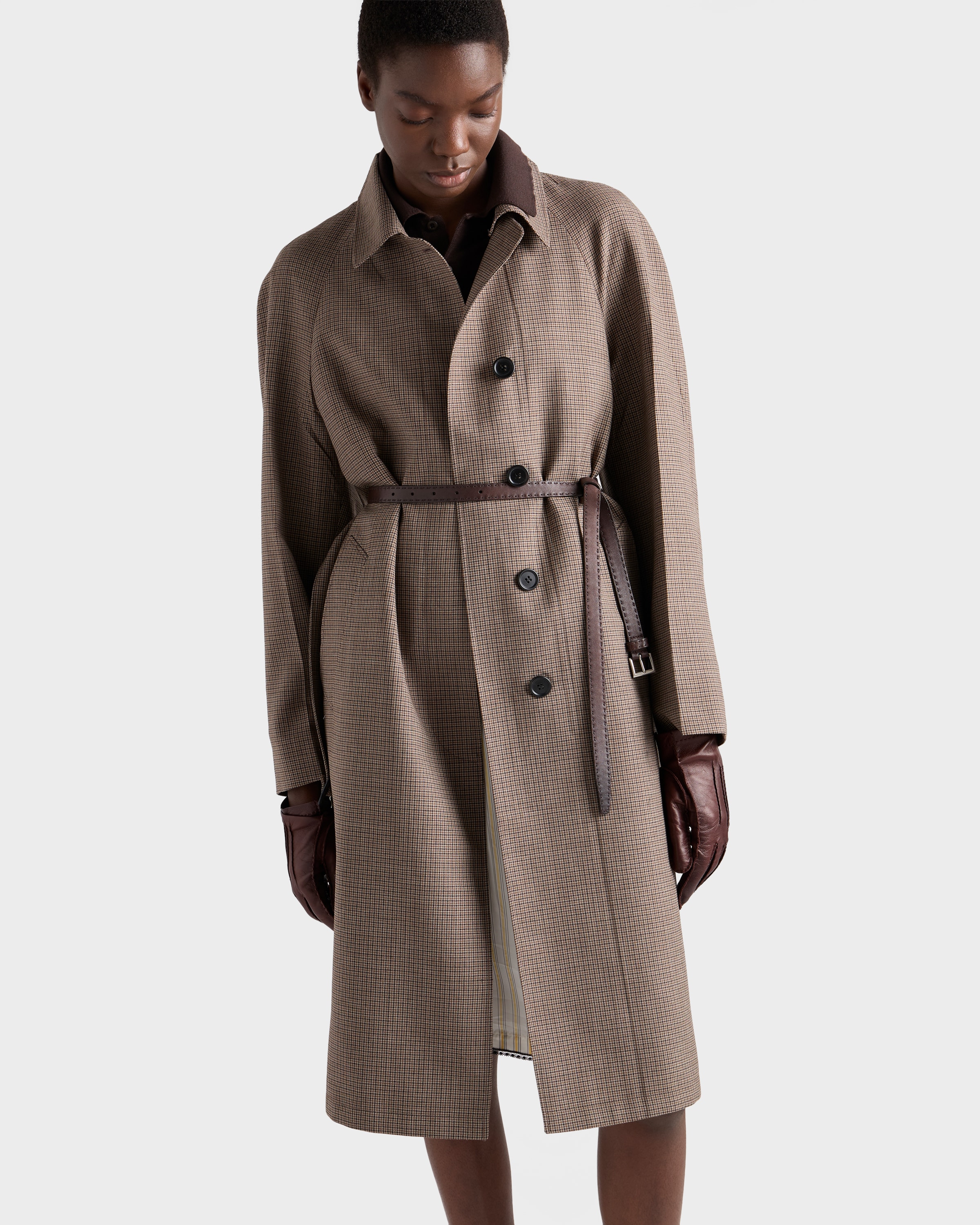 Tobacco Single-breasted Houndstooth Check Wool Coat | PRADA