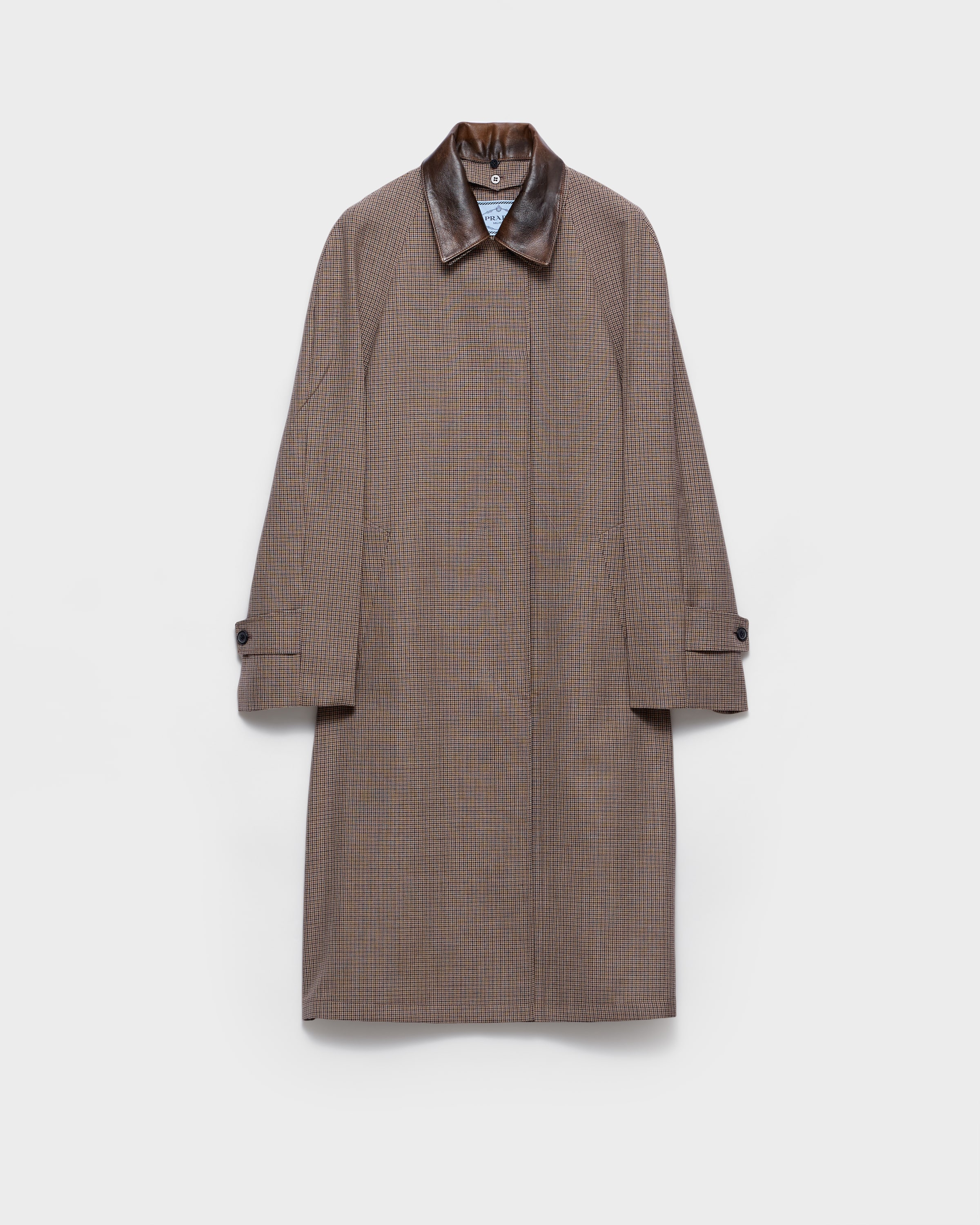 Tobacco Single-breasted Houndstooth Check Wool Coat | PRADA