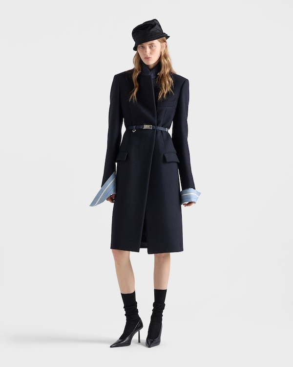 Single-breasted embroidered double wool coat - Navy Single-breasted embroidered double wool coat - Navy