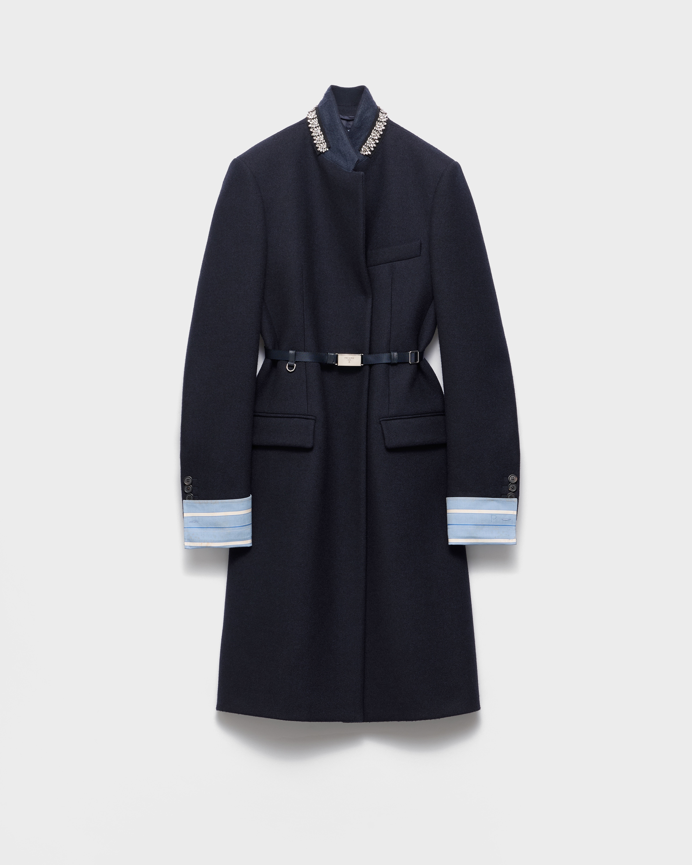Navy Single-breasted Embroidered Double Wool Coat | PRADA
