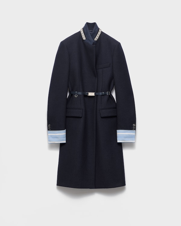 Single-breasted embroidered double wool coat - Navy Single-breasted embroidered double wool coat - Navy