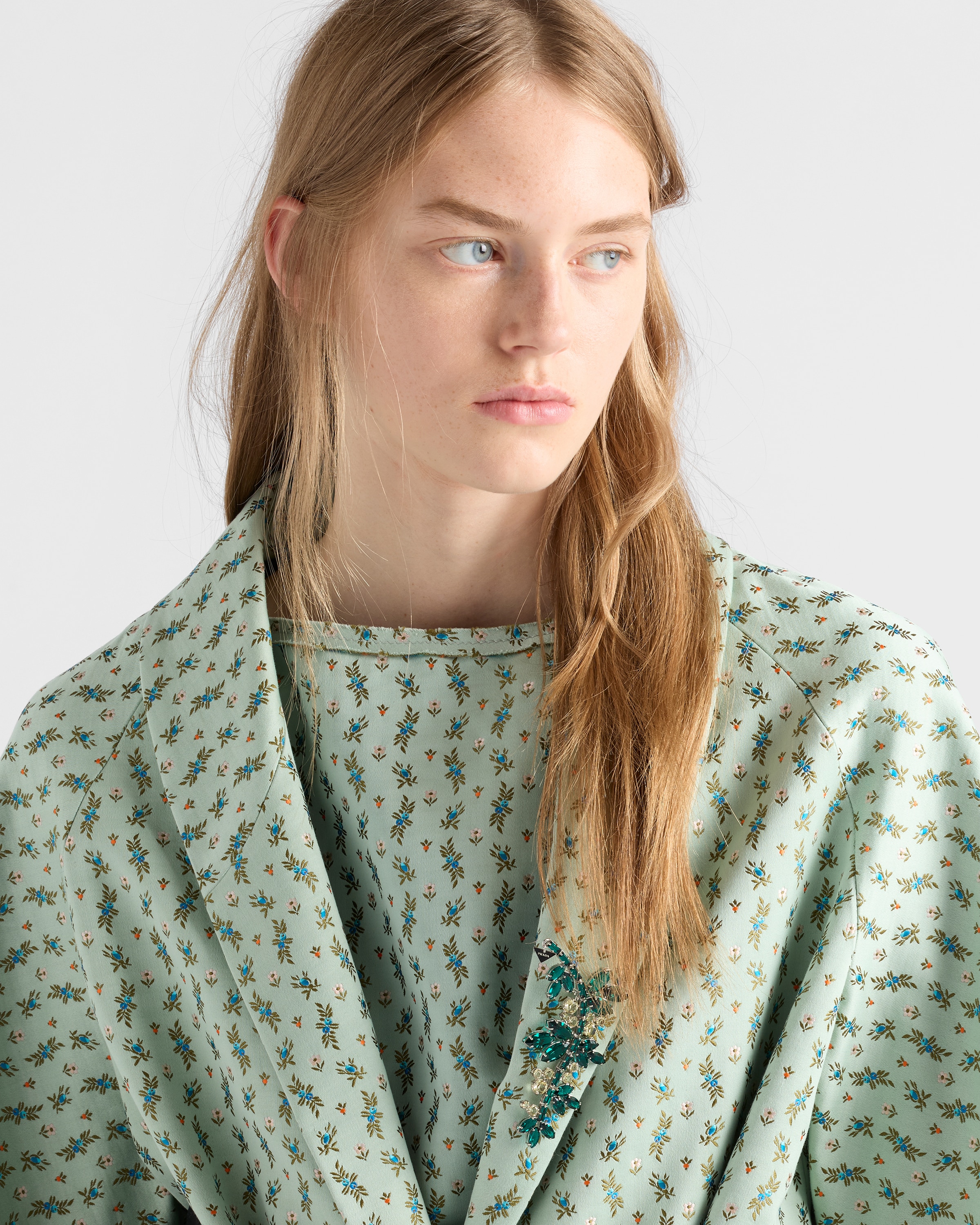 Chlorophyll Green Single-breasted Floral Jacquard Duchesse Coat