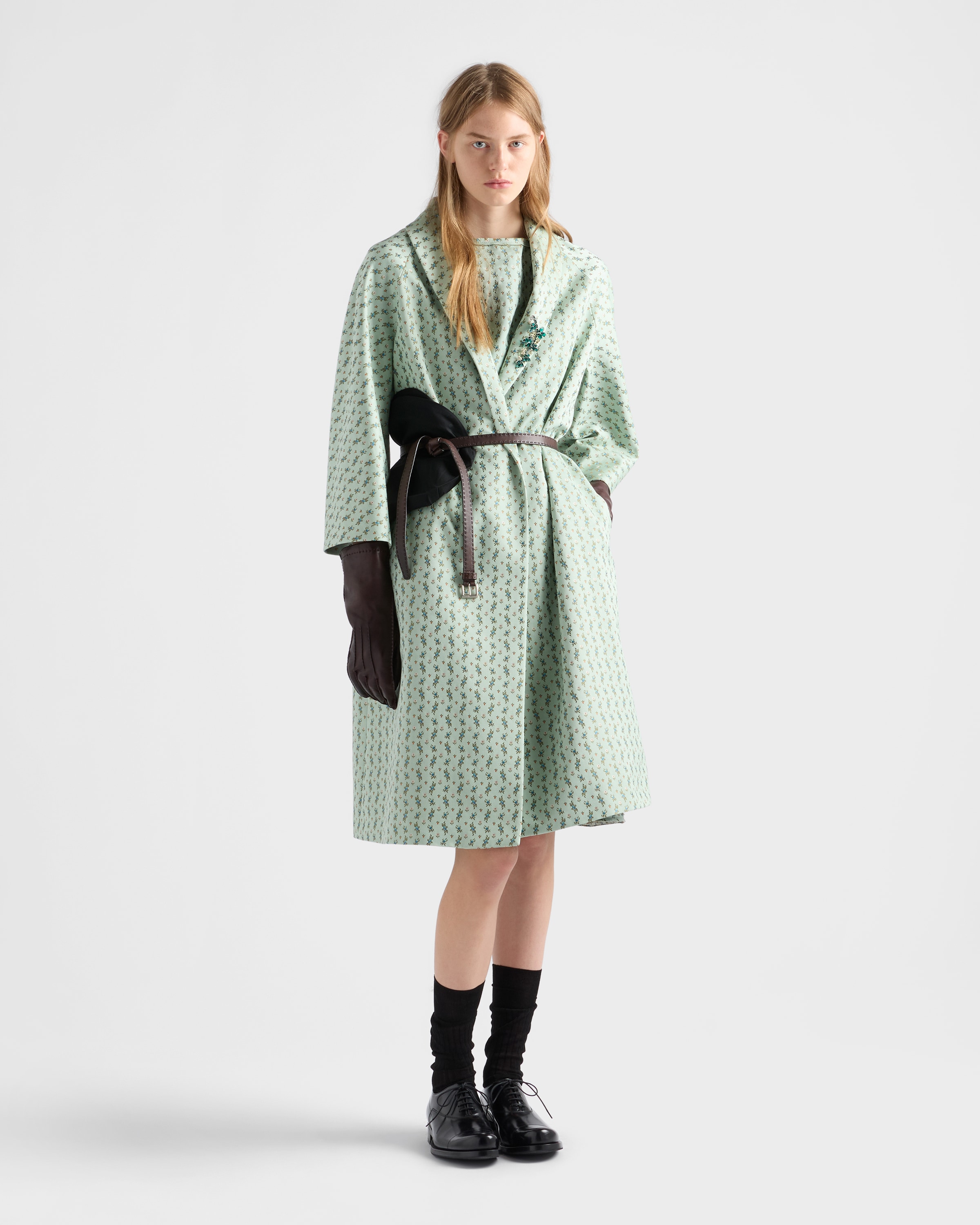 極美品 PRADA ツイード ロングコート 38サイズ 希少カラー グリーン Chlorophyll Green Single-breasted Floral Jacquard Duchesse Coat